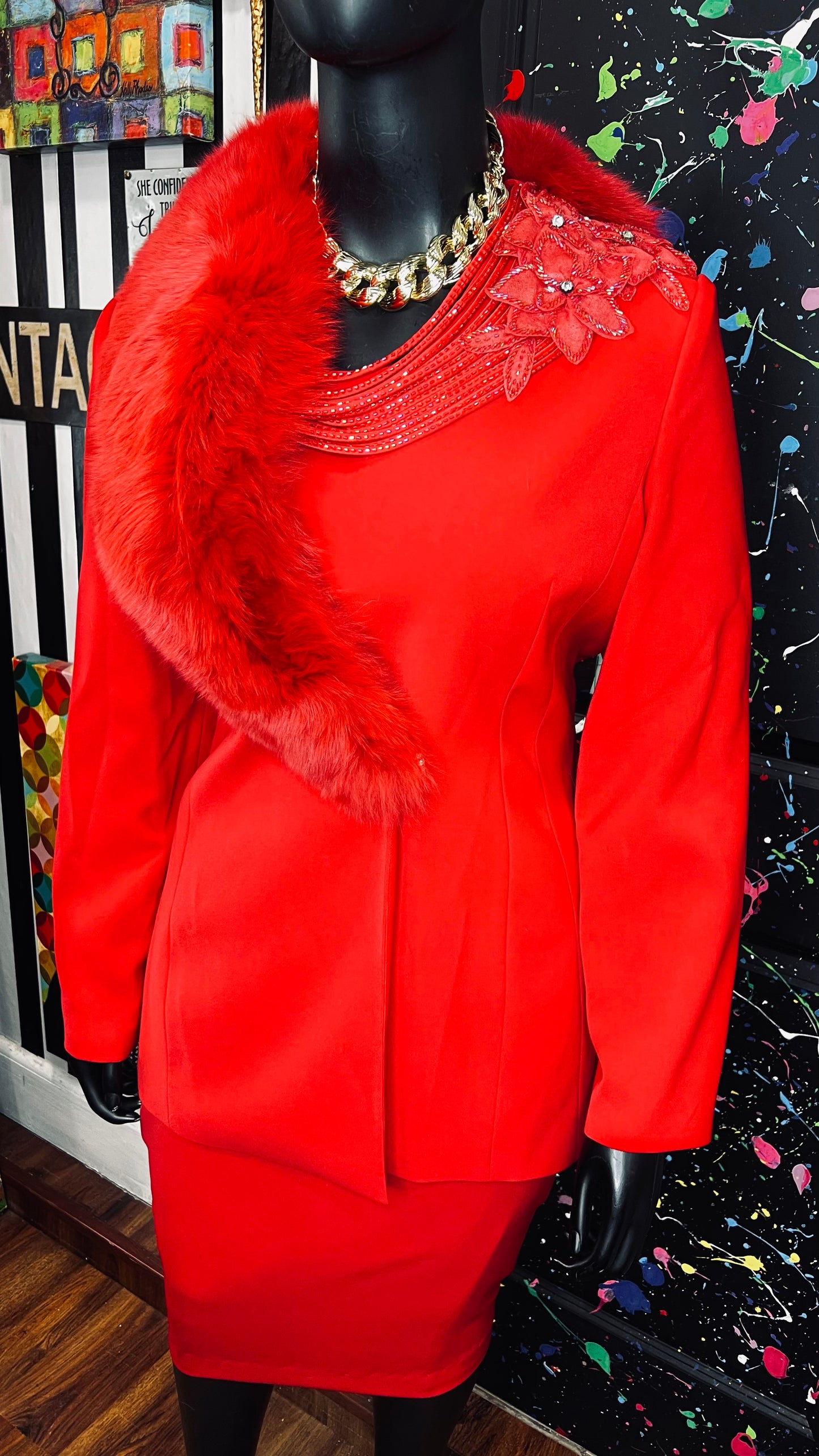 Vintage Couture Red Faux Fur Skirt Suit (20)