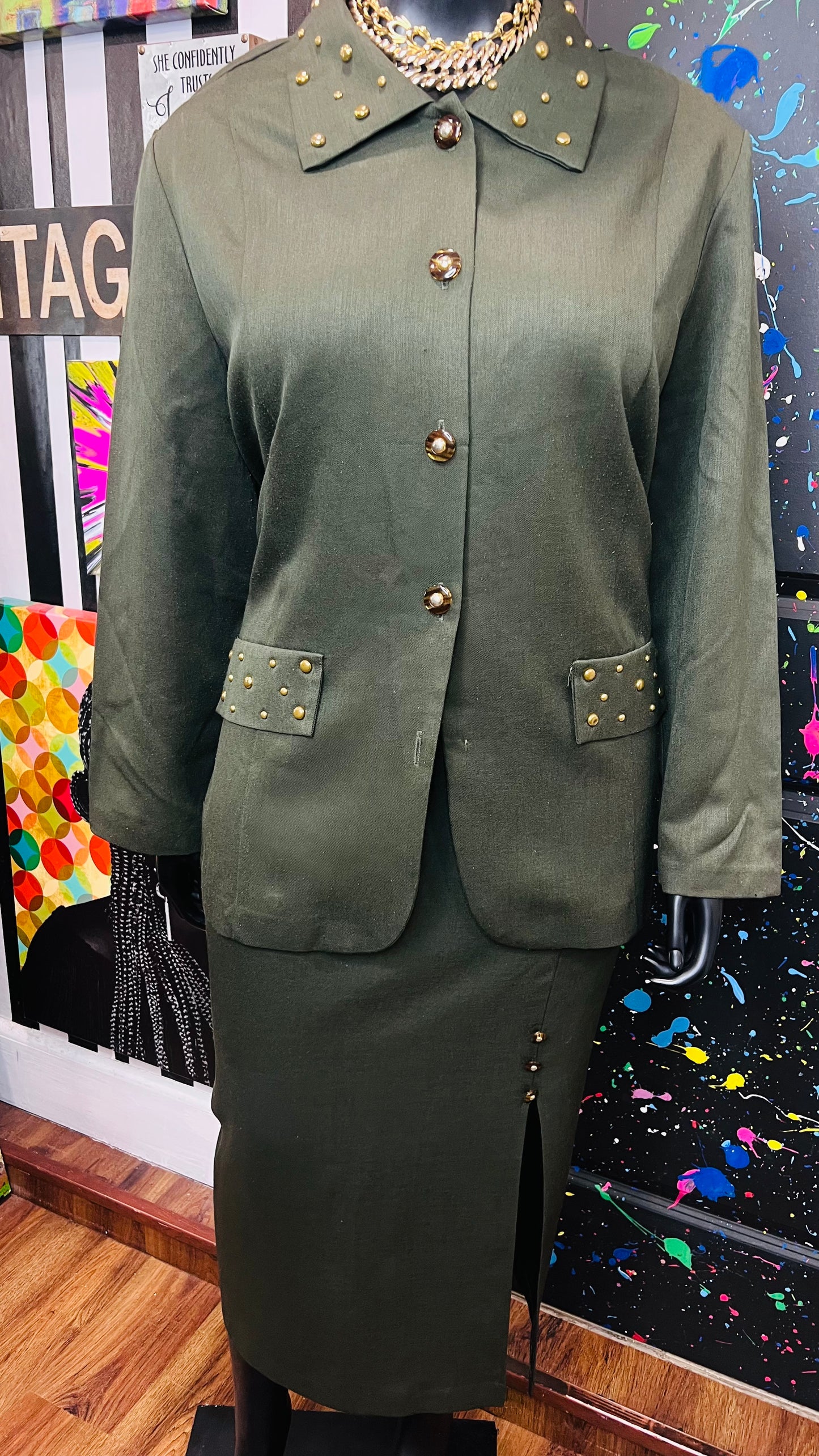 Vintage Army Green Studded Skirt Set (24W)