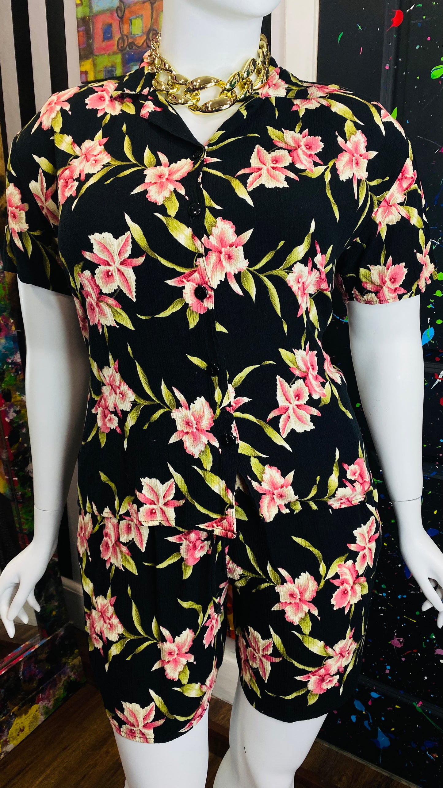 Vintage Floral Rayon Shorts Set (16/18)