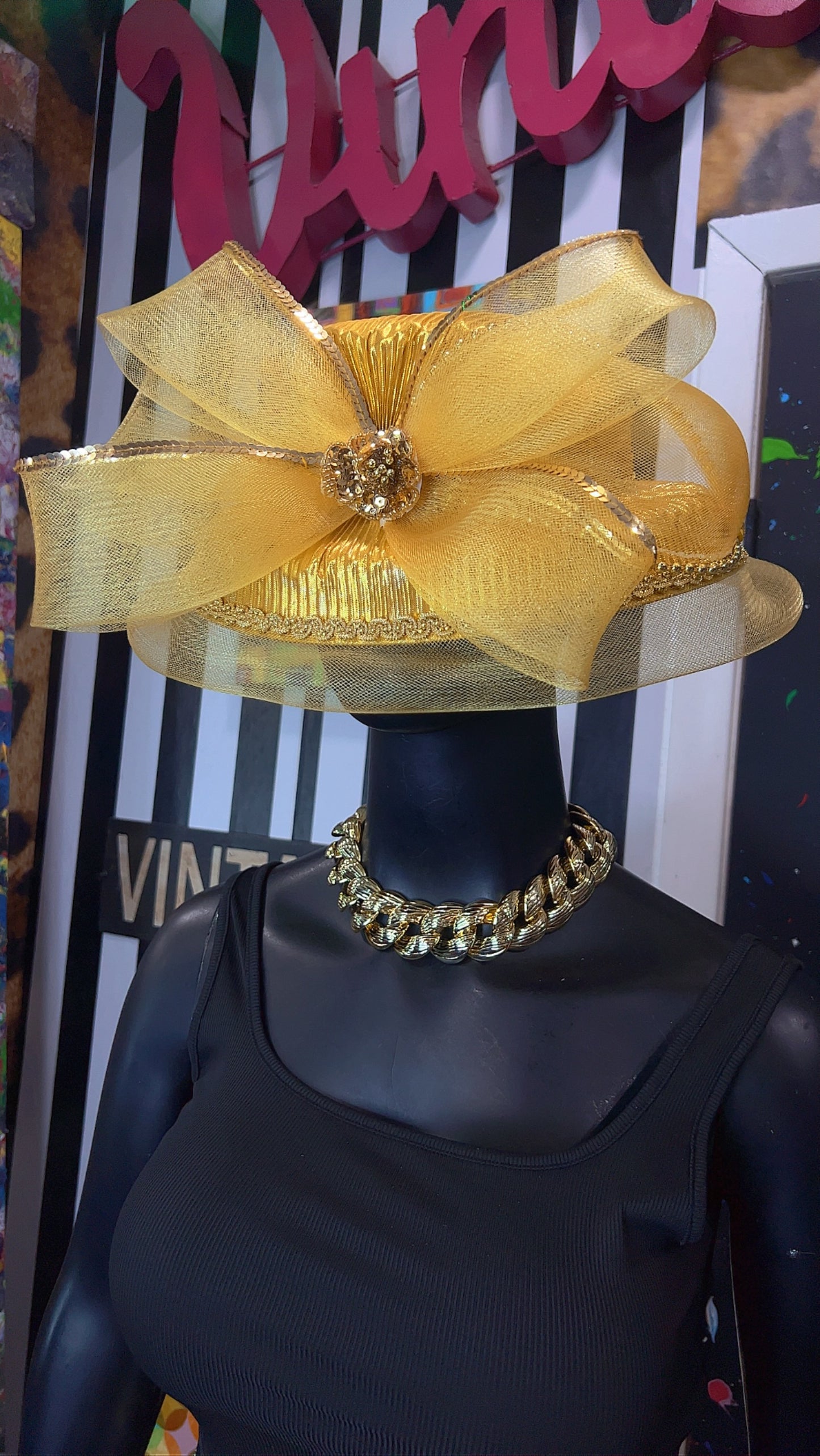 Vintage Straw & Sequin Gold Bow Hat