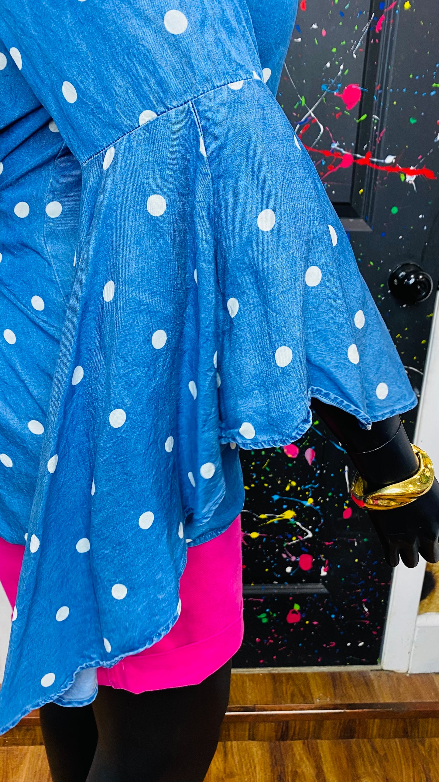 Denim & Polka Dot Exaggerated Sleeve Blouse (14)