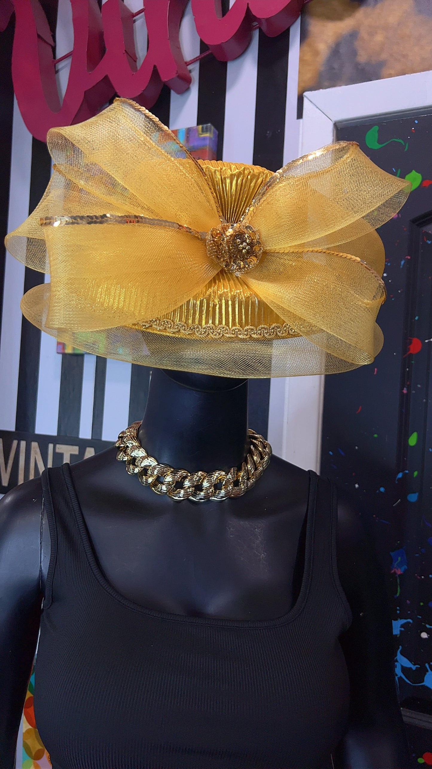 Vintage Straw & Sequin Gold Bow Hat