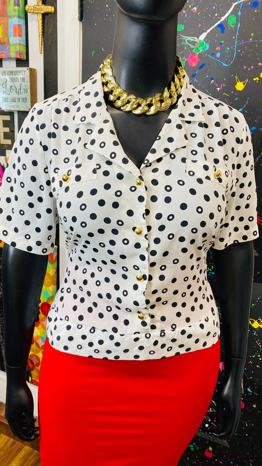 Vintage White & Black Polka Dot Blouse (14/16)