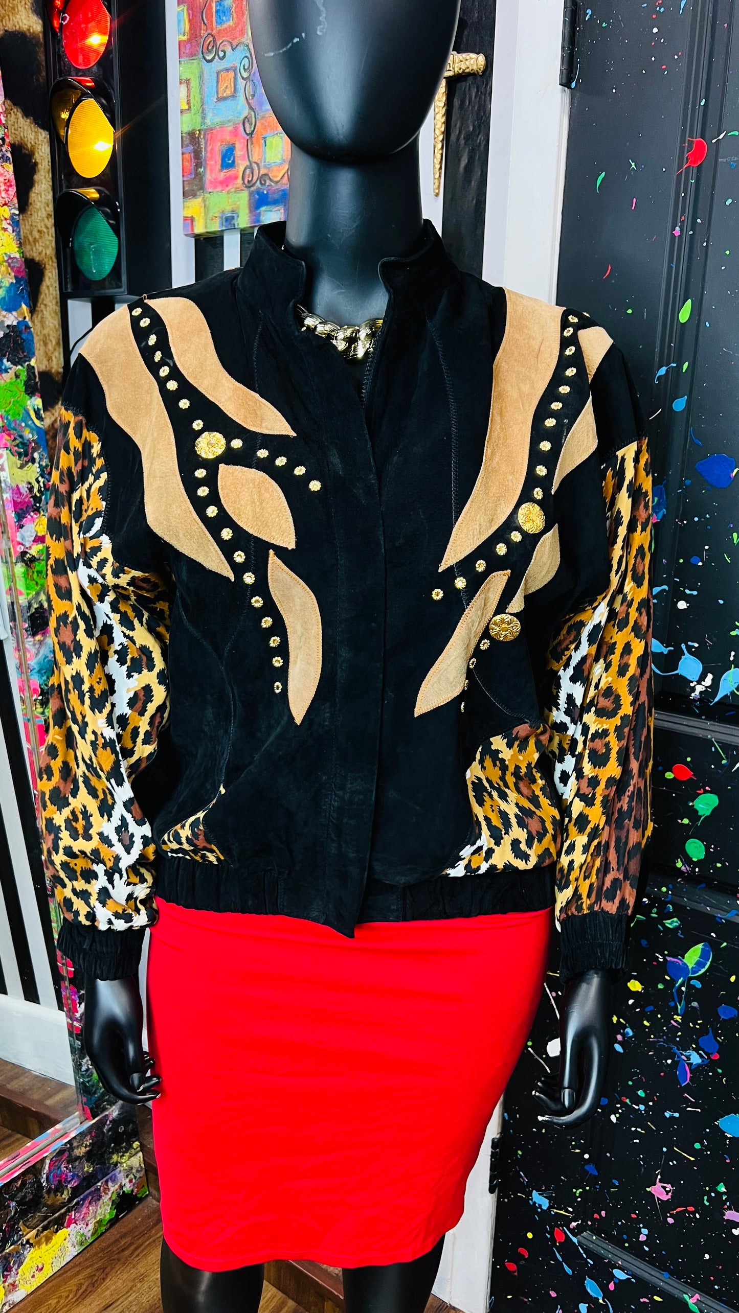 Vintage Genuine Suede Leather & Rayon Studded Animal Print Jacket (16/18)