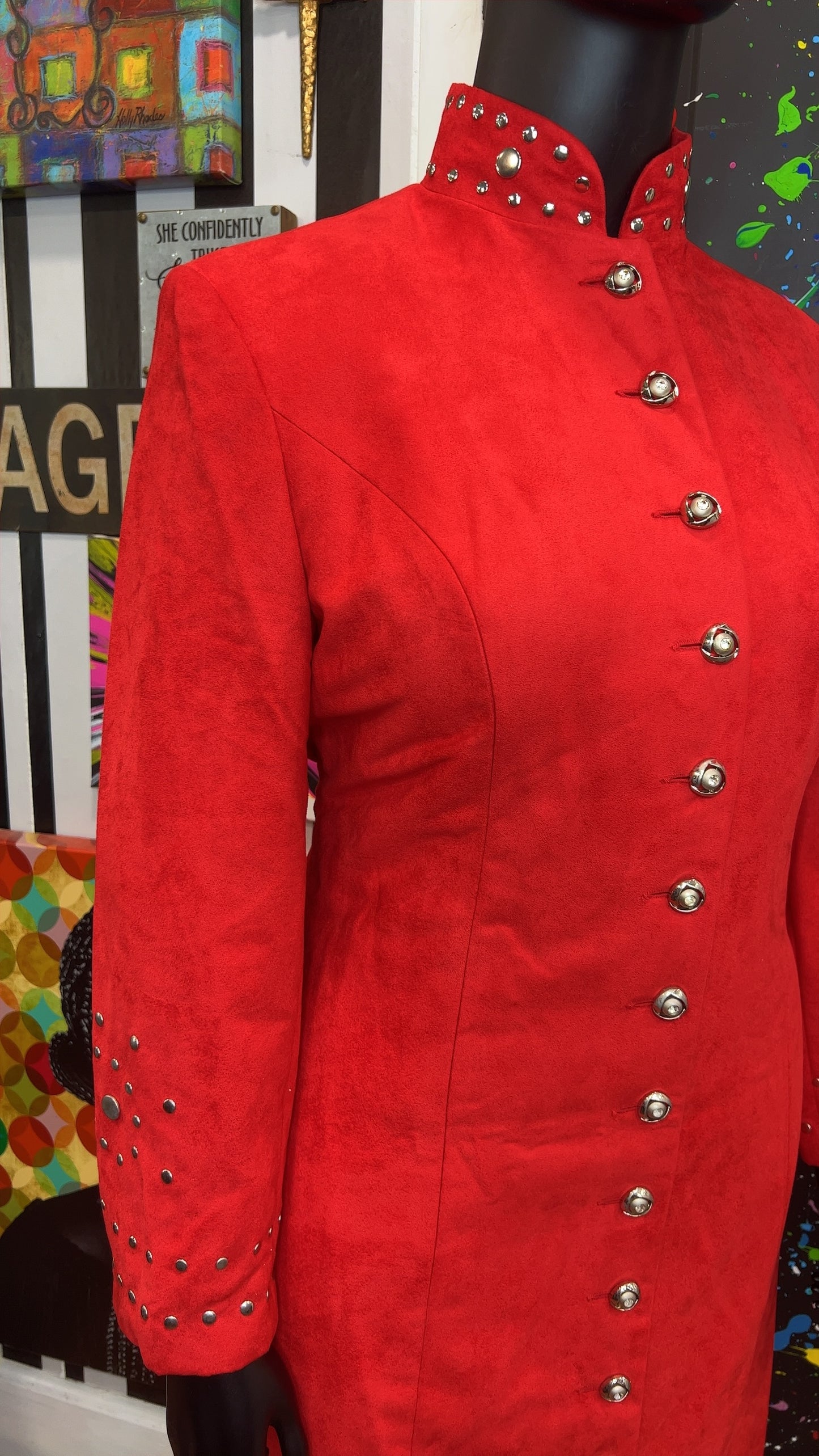 Vintage Studded Long Red Jacket & Skirt Suit (14W)