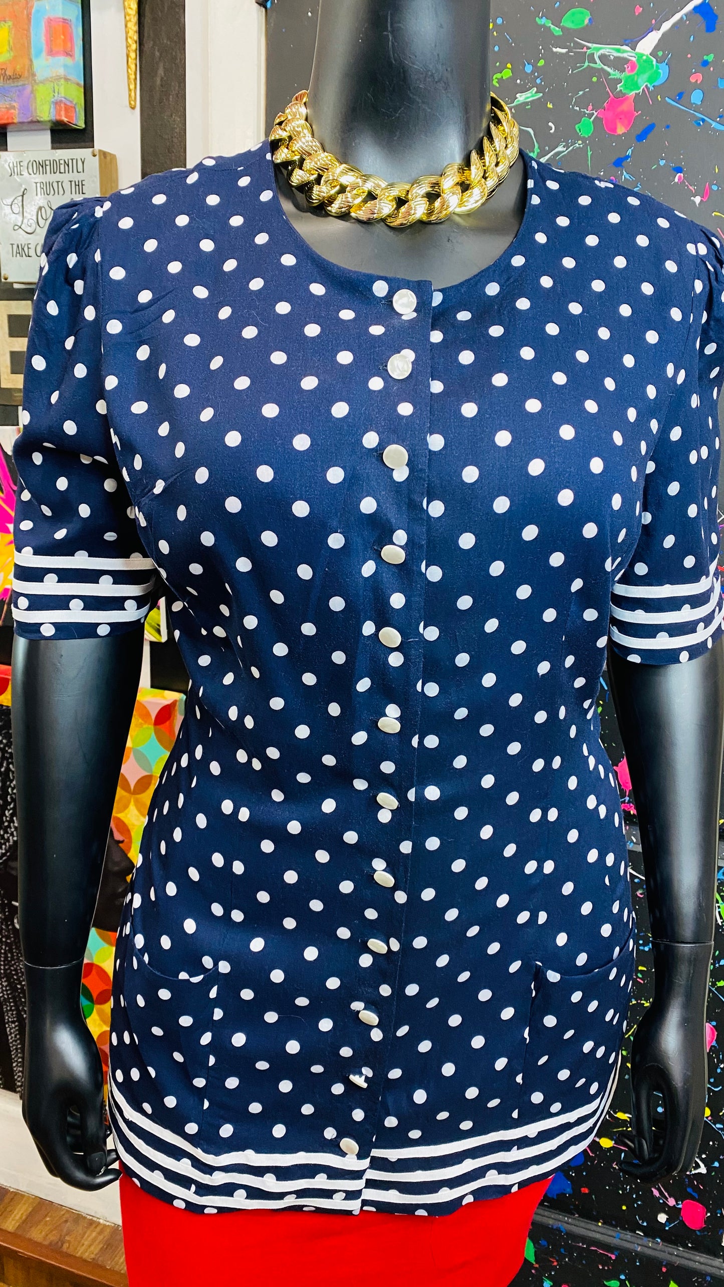Vintage Navy Blue & White Striped & Polka Dot Blouse (18)