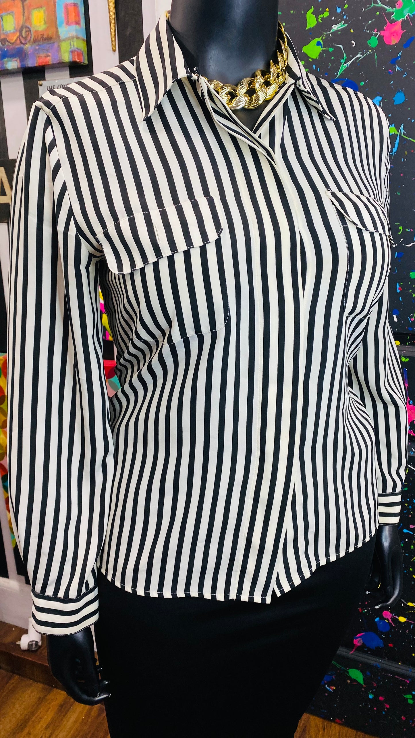 Vintage Black & White Striped Blouse (12)