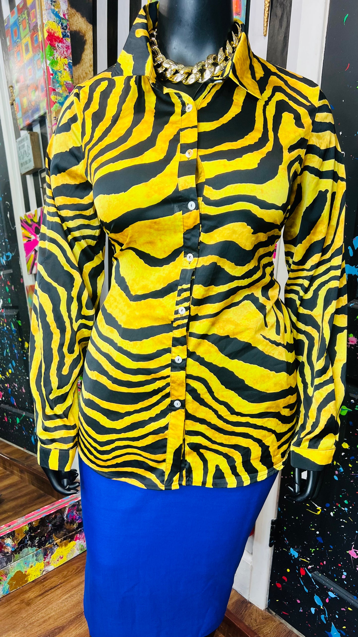 Gold Tiger Print Blouse Long Sleeve Blouse (20)