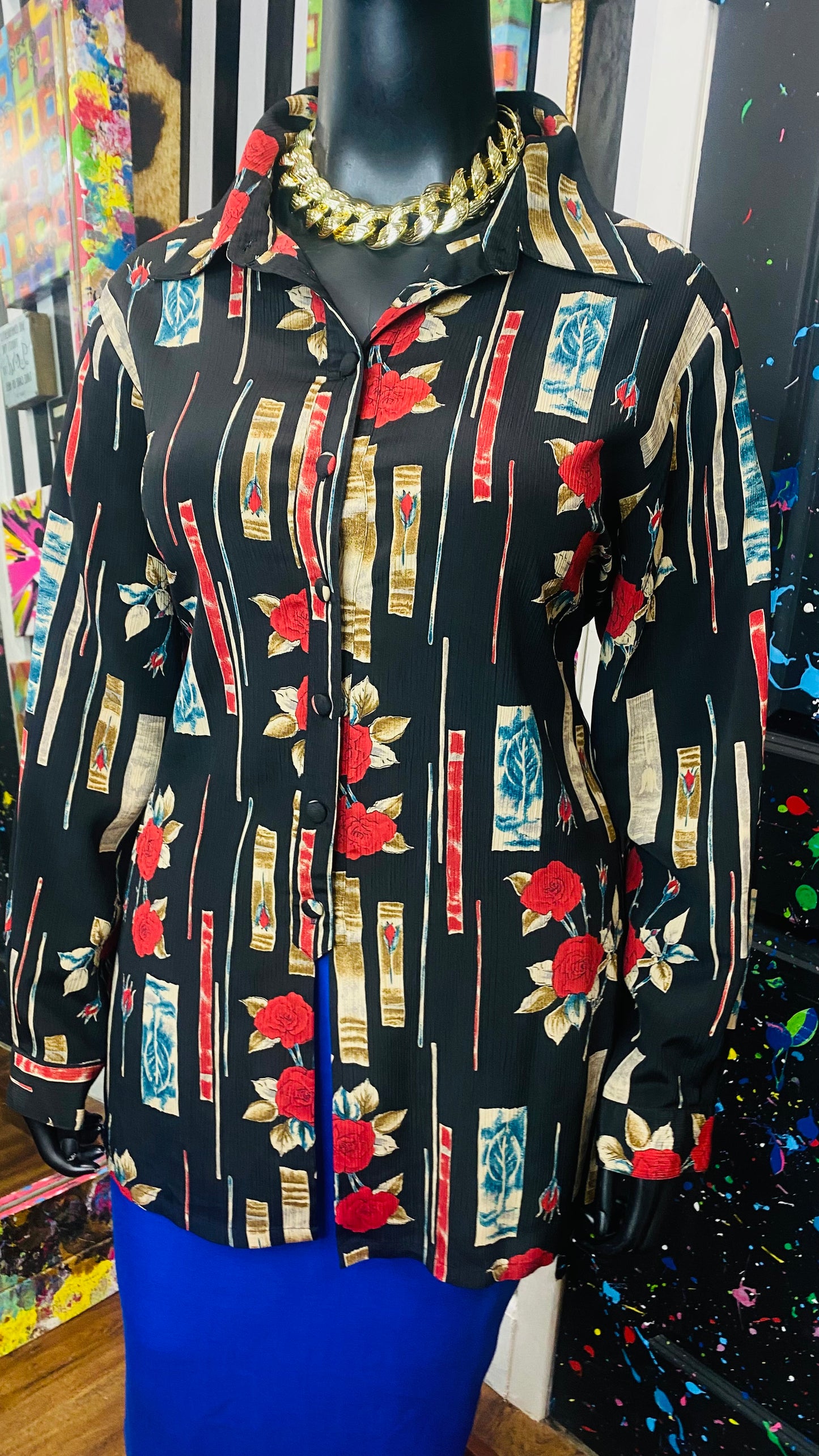 Vintage Black Blue & Red Rose Blouse (22)