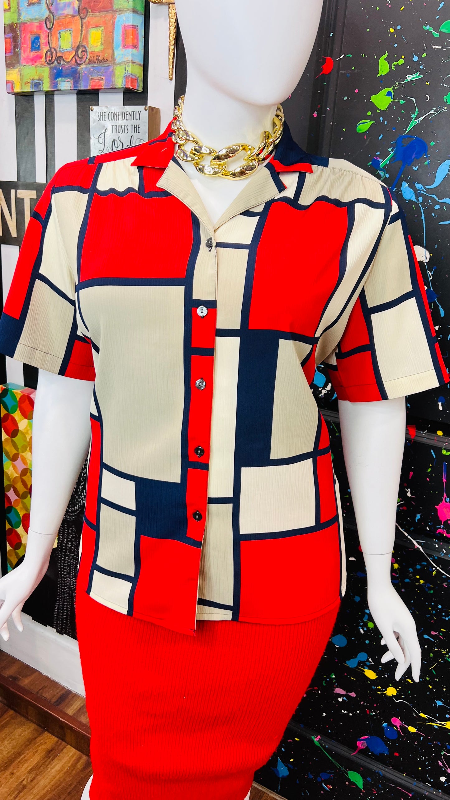 Vintage Navy Blue, Red & Cream Block Blouse (18W)