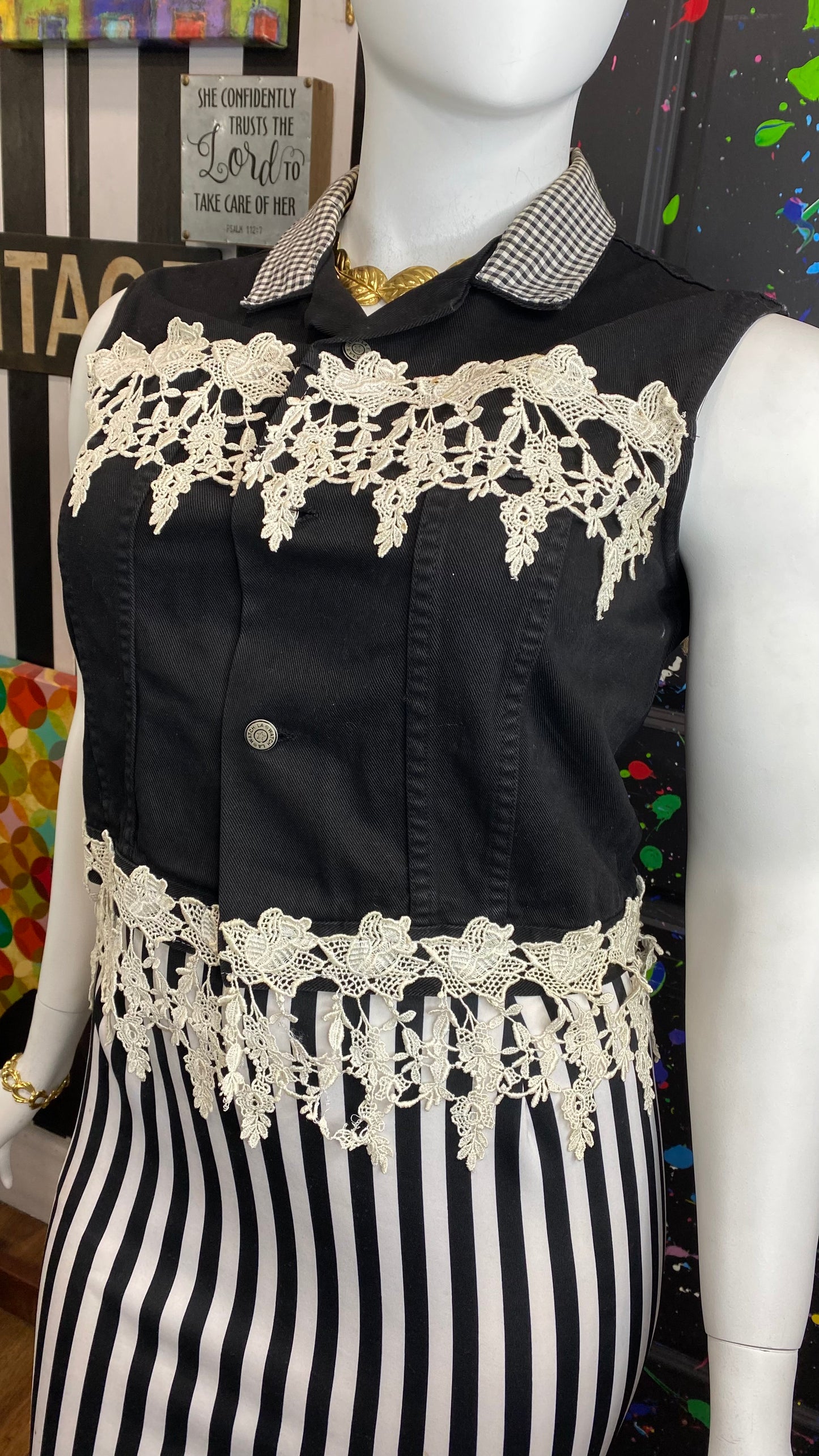 Vintage Black & White Denim & Lace Vest (14)