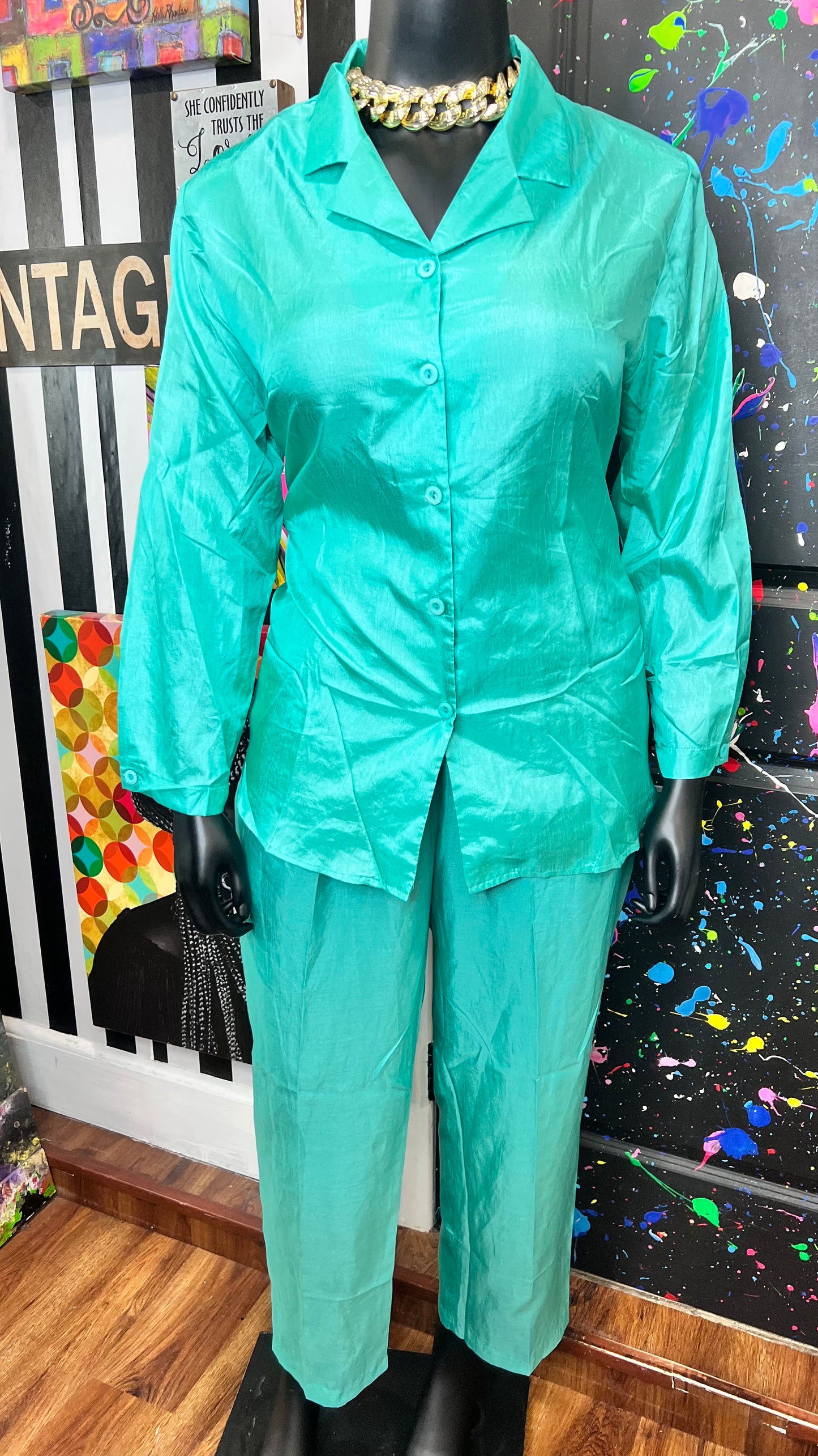 Vintage Teal Polyester Light Weight Pants Set (16/18)