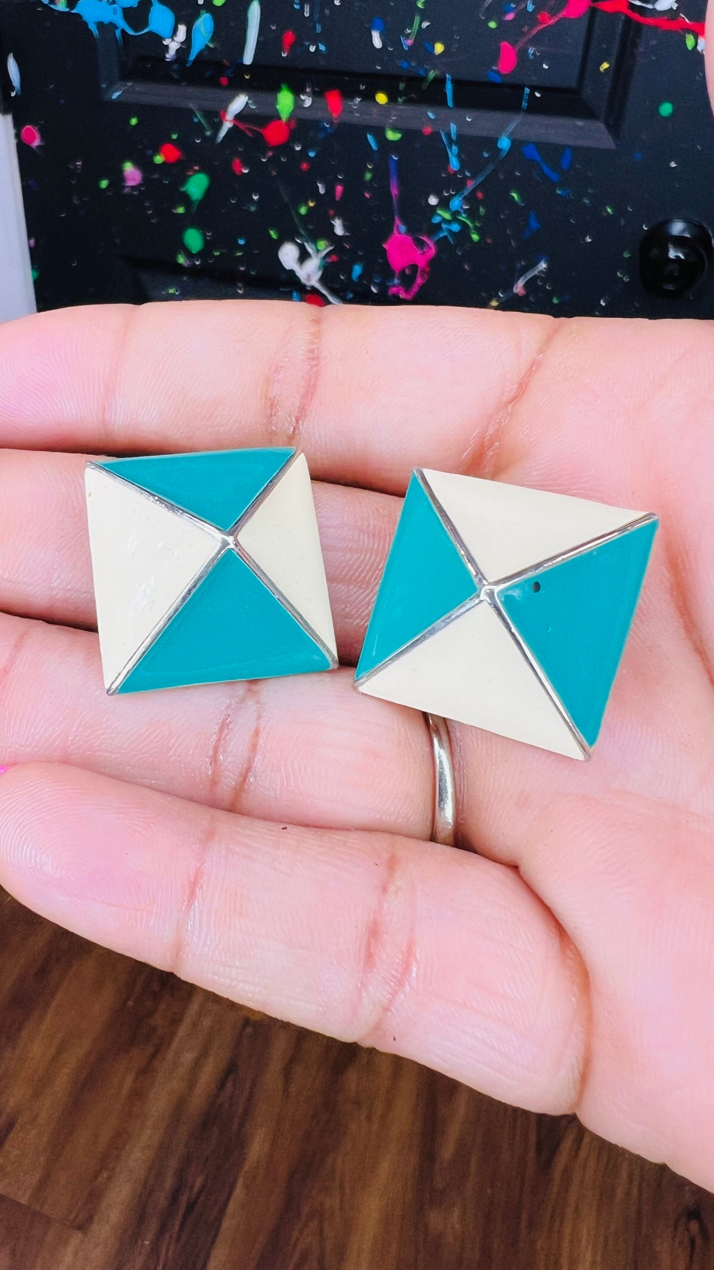 Vintage Teal & Cream Square (Metal) Clip On Earrings