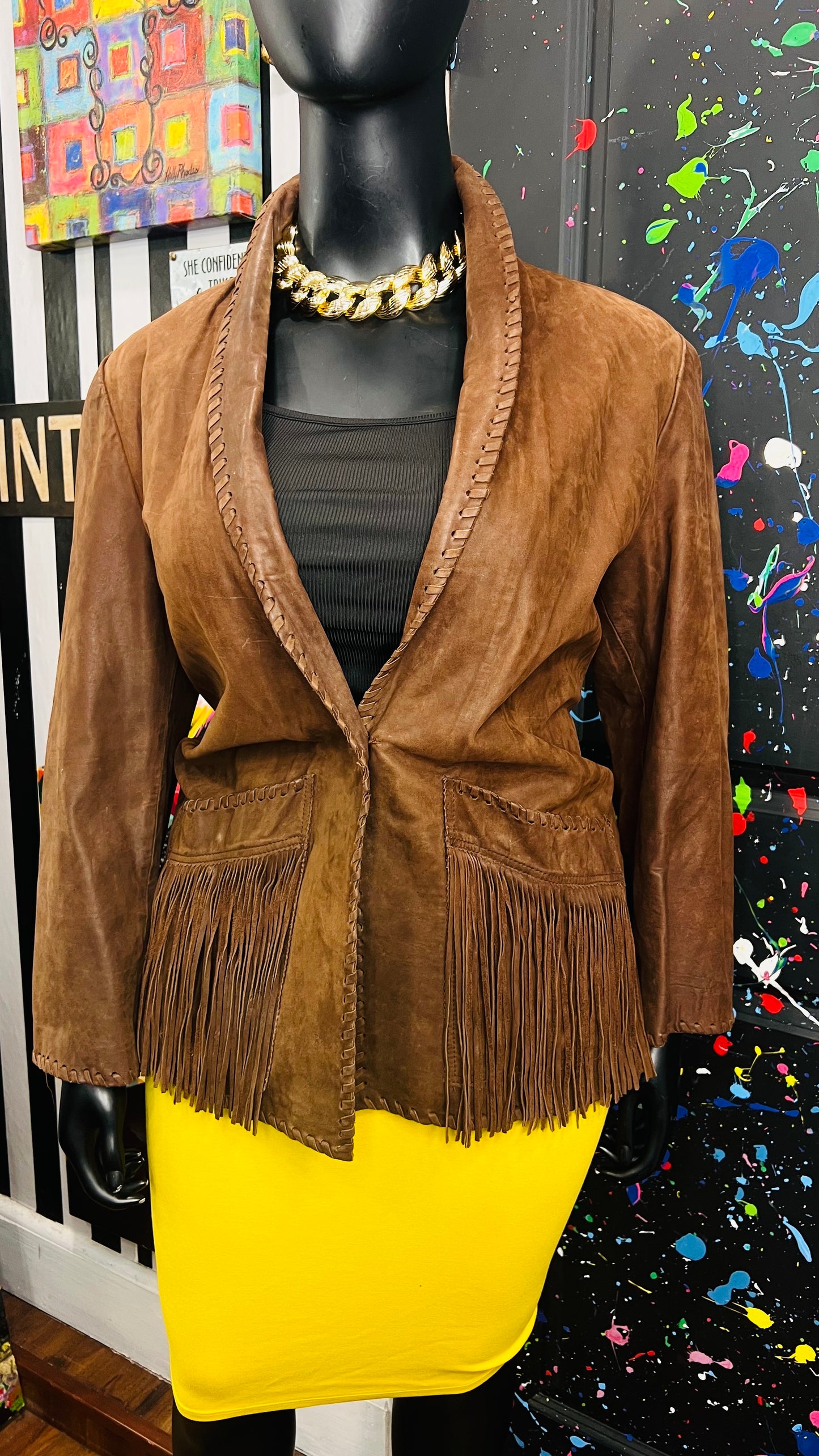 Vintage Genuine Leather Brown Fringe Blazer (18)