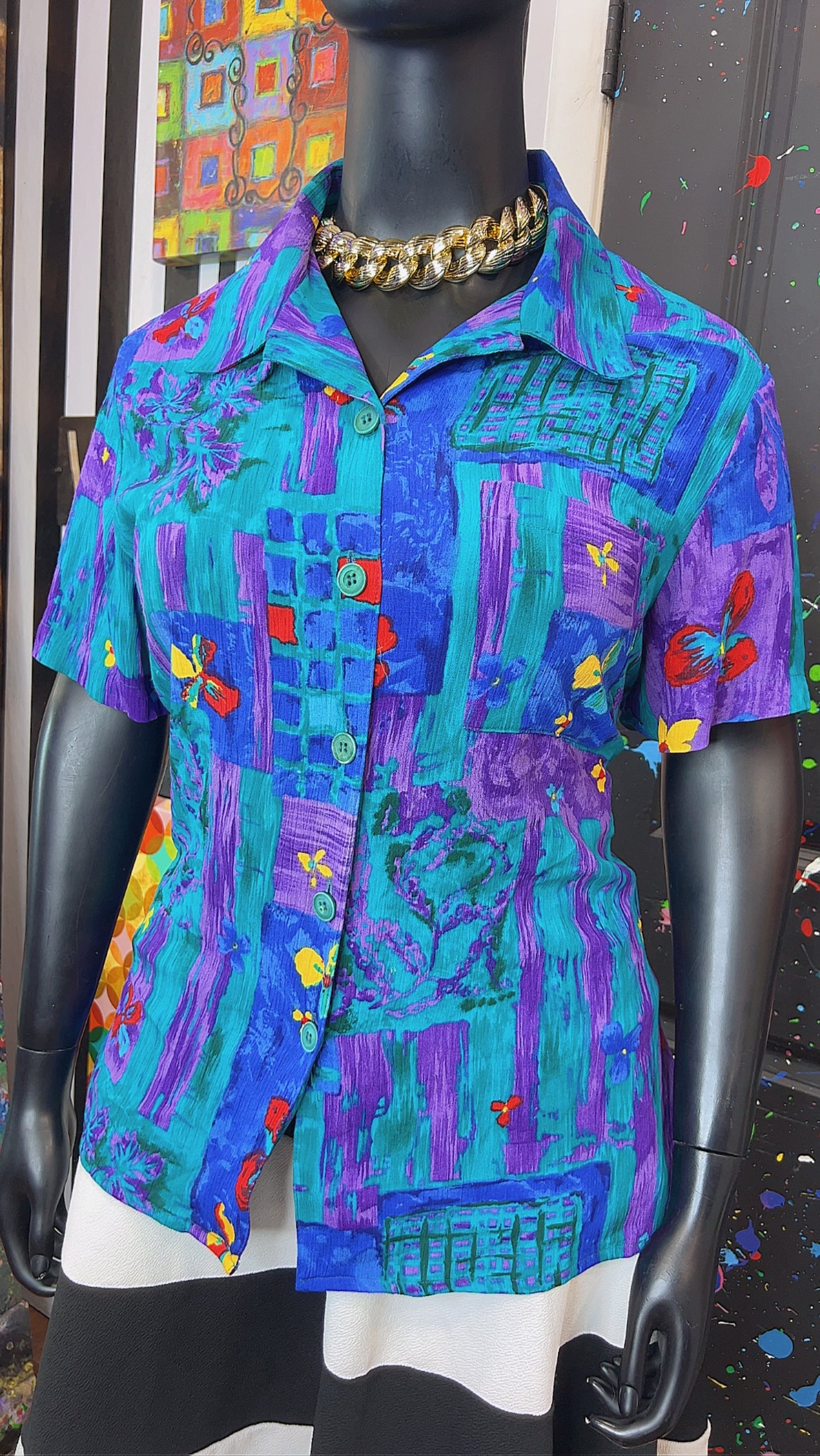 Vintage Rayon Watercolor Floral Blouse (22)