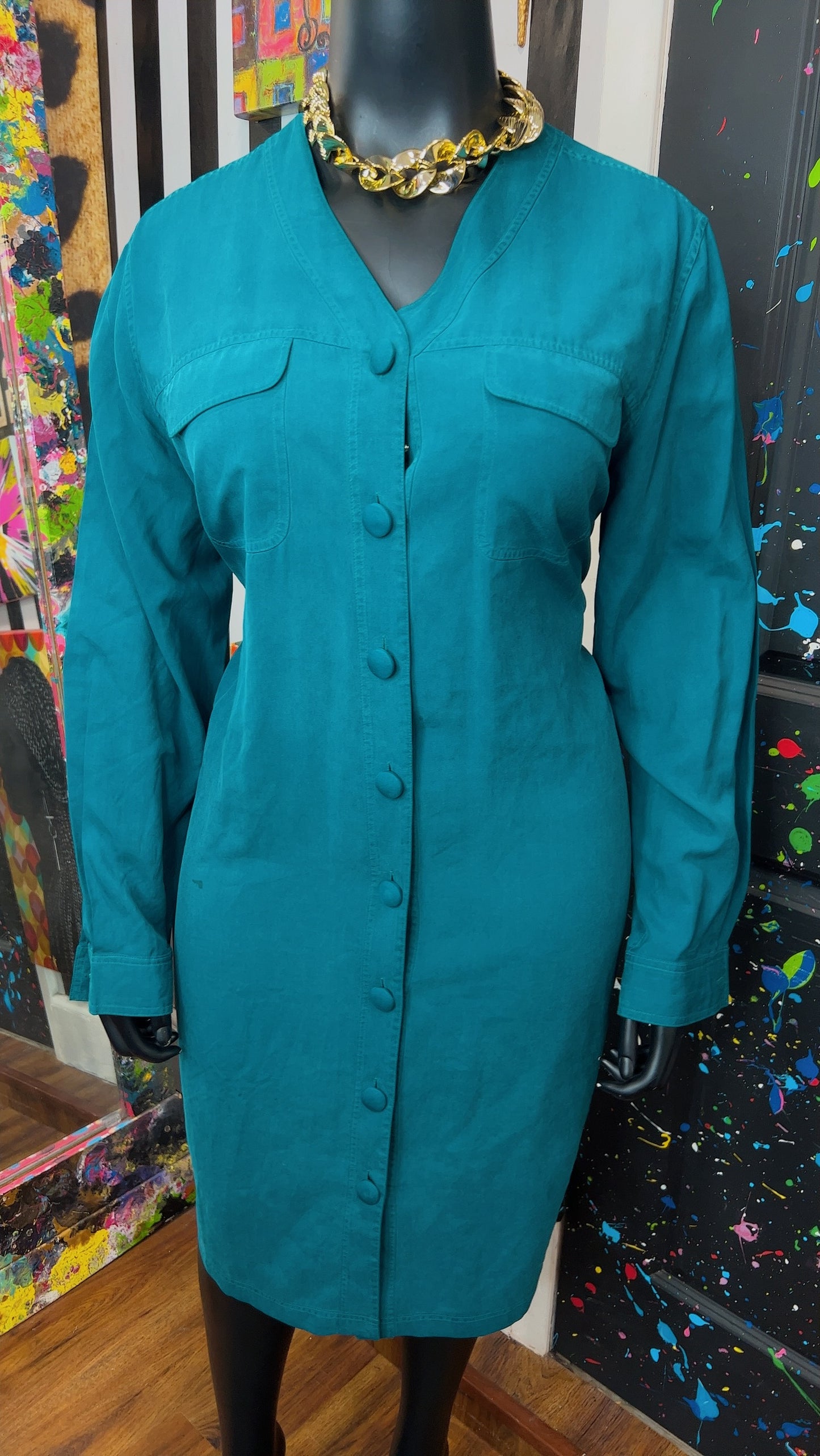 Vintage 100% Silk Teal Dress (18W)
