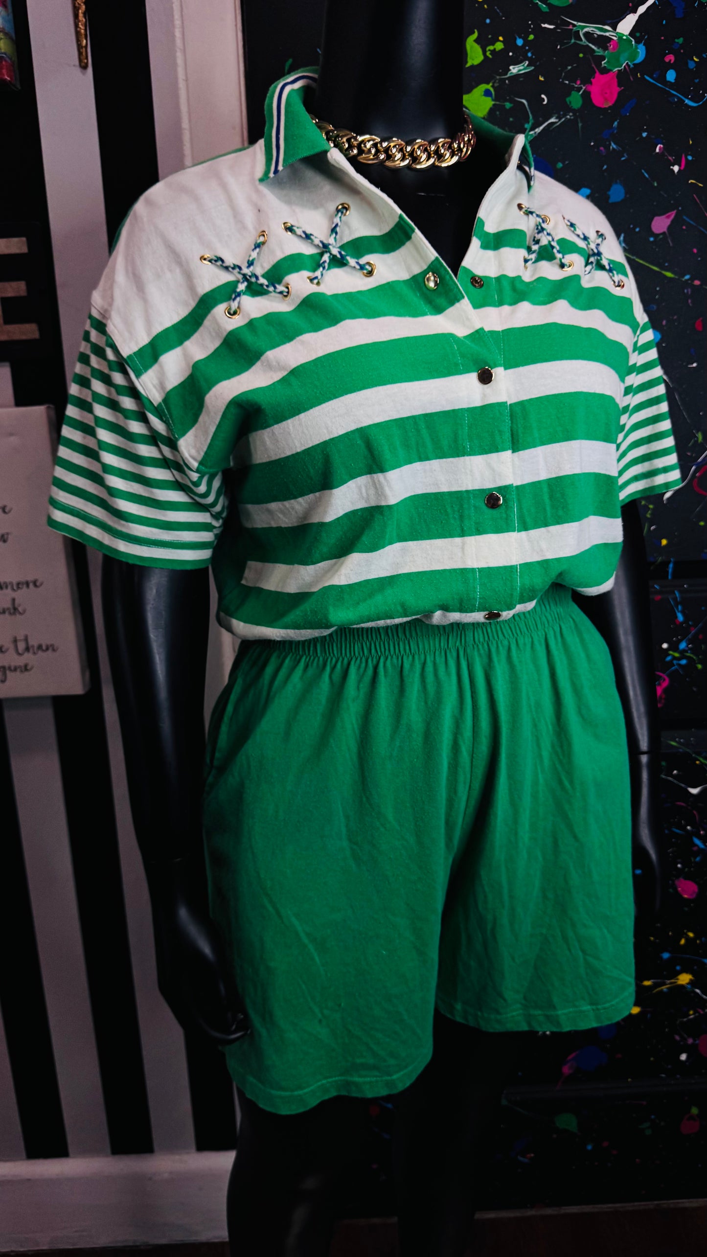 Vintage Cotton Green & White Striped Romper (14/16) *KC