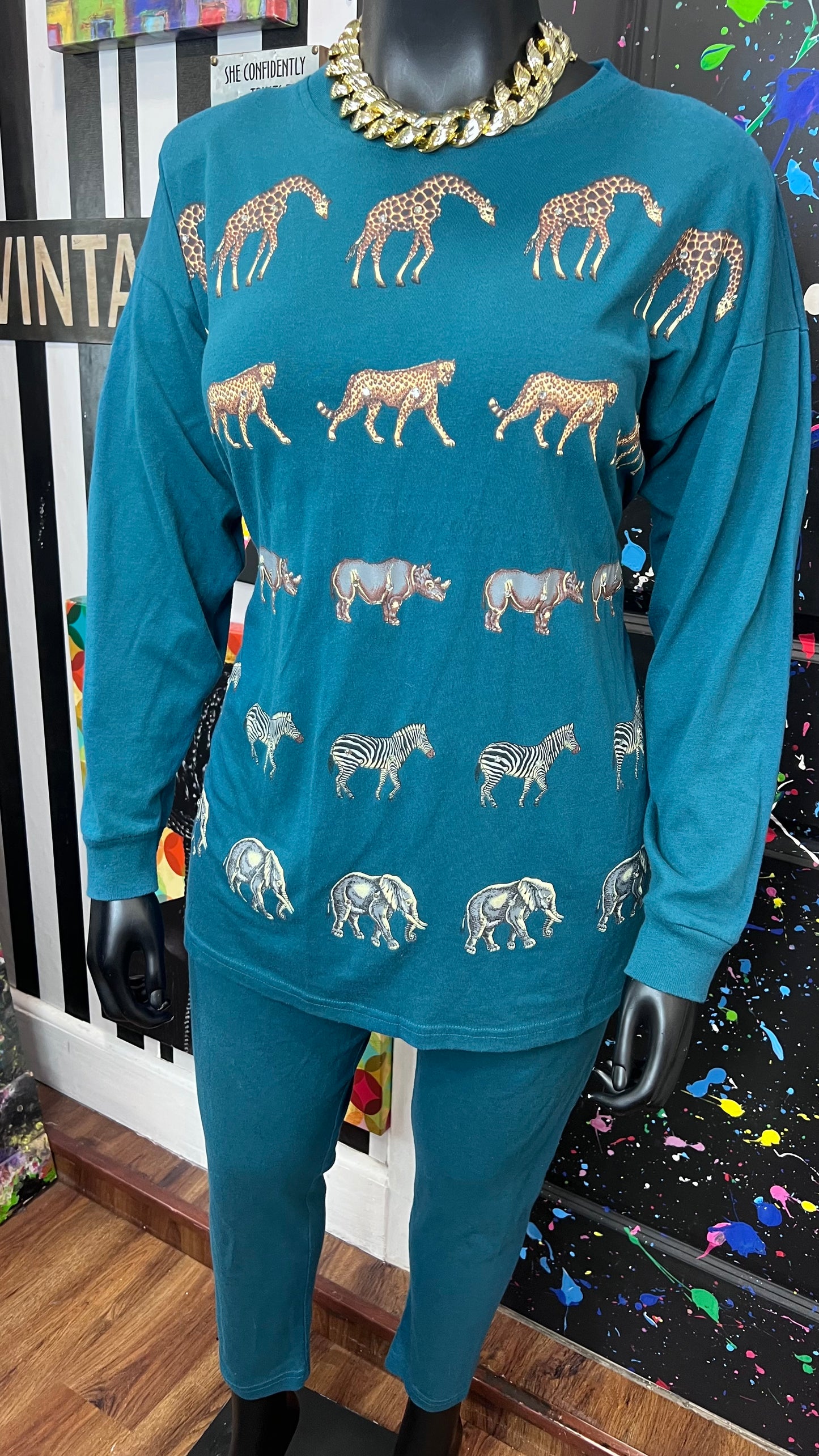 Vintage Cotton Animal Print & Jewel Top Pants Set