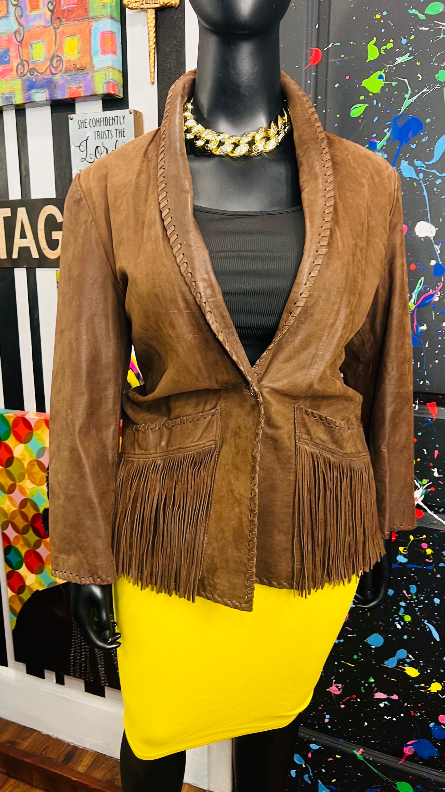 Vintage Genuine Leather Brown Fringe Blazer (18)