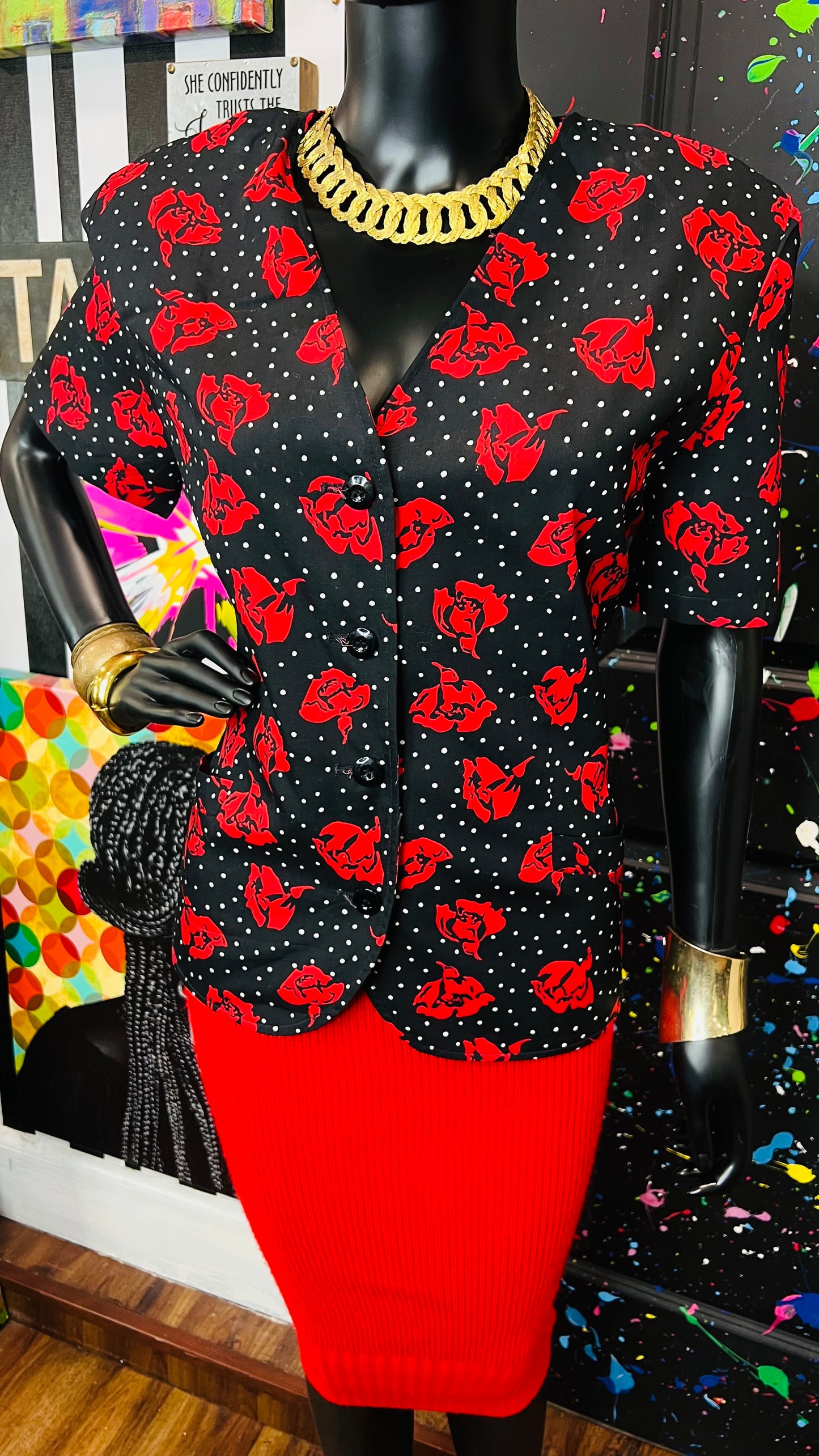 Vintage Polka Dot & Rose Blazer Blouse (12)