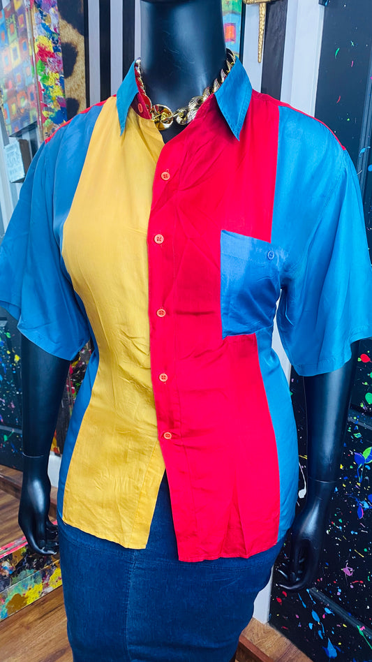 Vintage Color Block 100% Silk Striped Blouse (18)