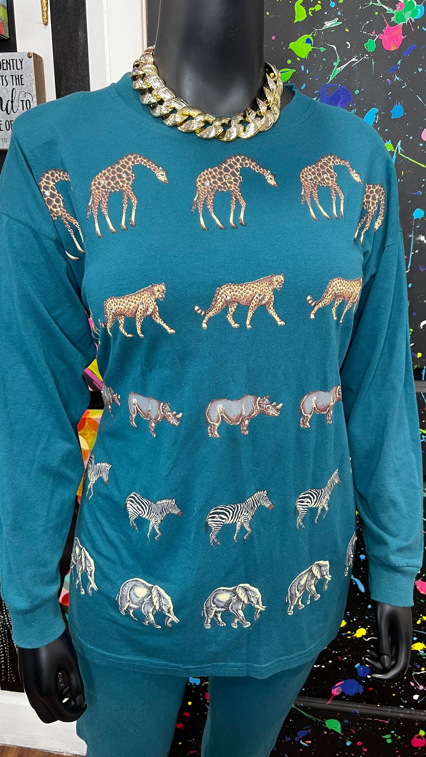 Vintage Cotton Animal Print & Jewel Top Pants Set