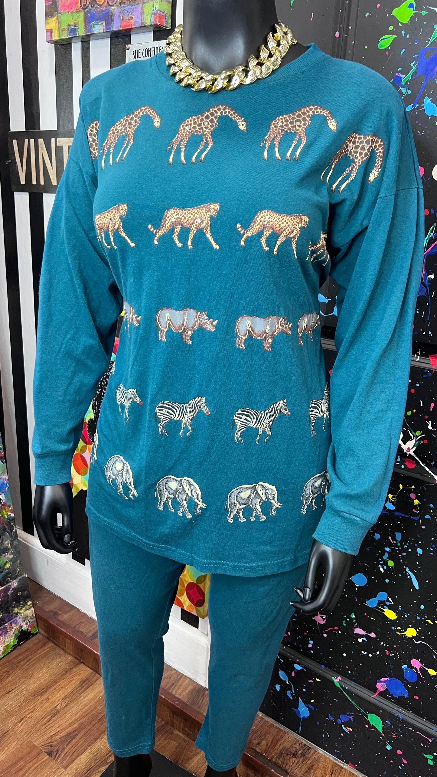 Vintage Cotton Animal Print & Jewel Top Pants Set