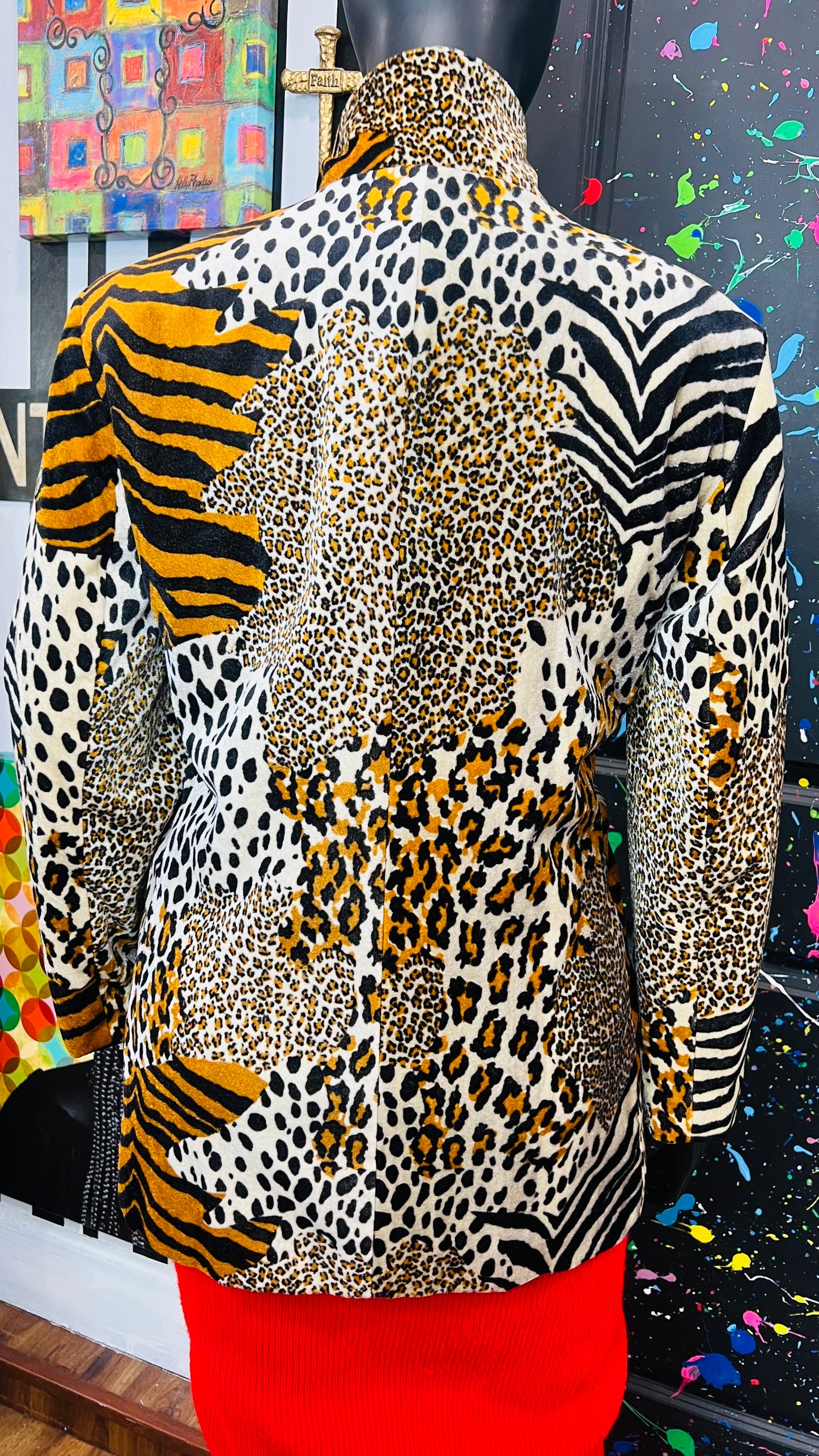 Vintage Faux Fur Mix Animal Print Double Breasted Blazer
(20W)