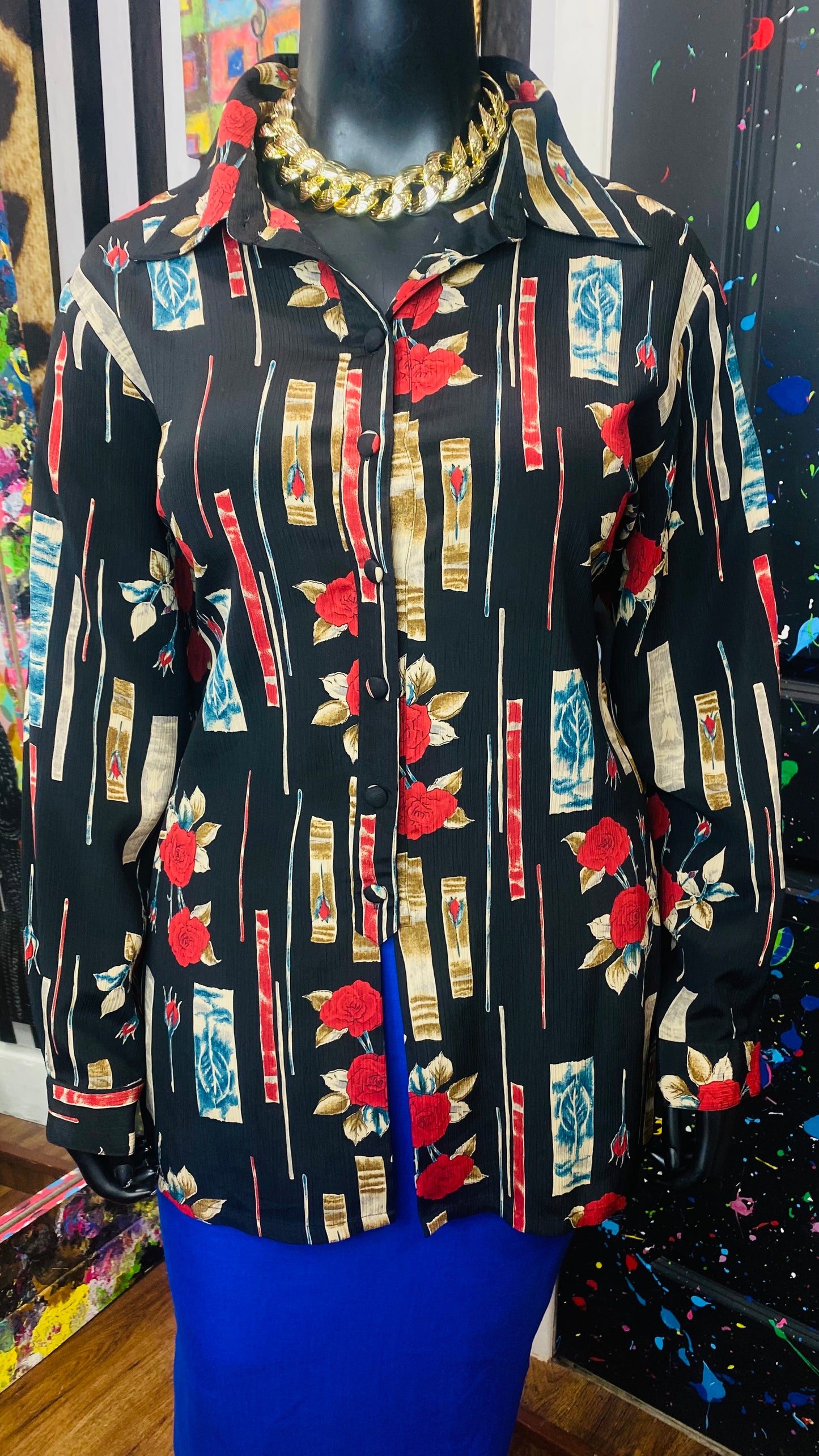 Vintage Black Blue & Red Rose Blouse (22)