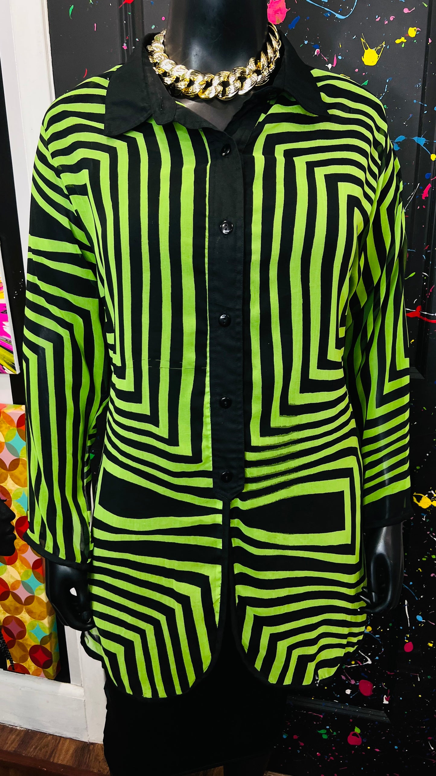 Vintage Green & Black Flowy Blouse/Swimsuit Cover (18)