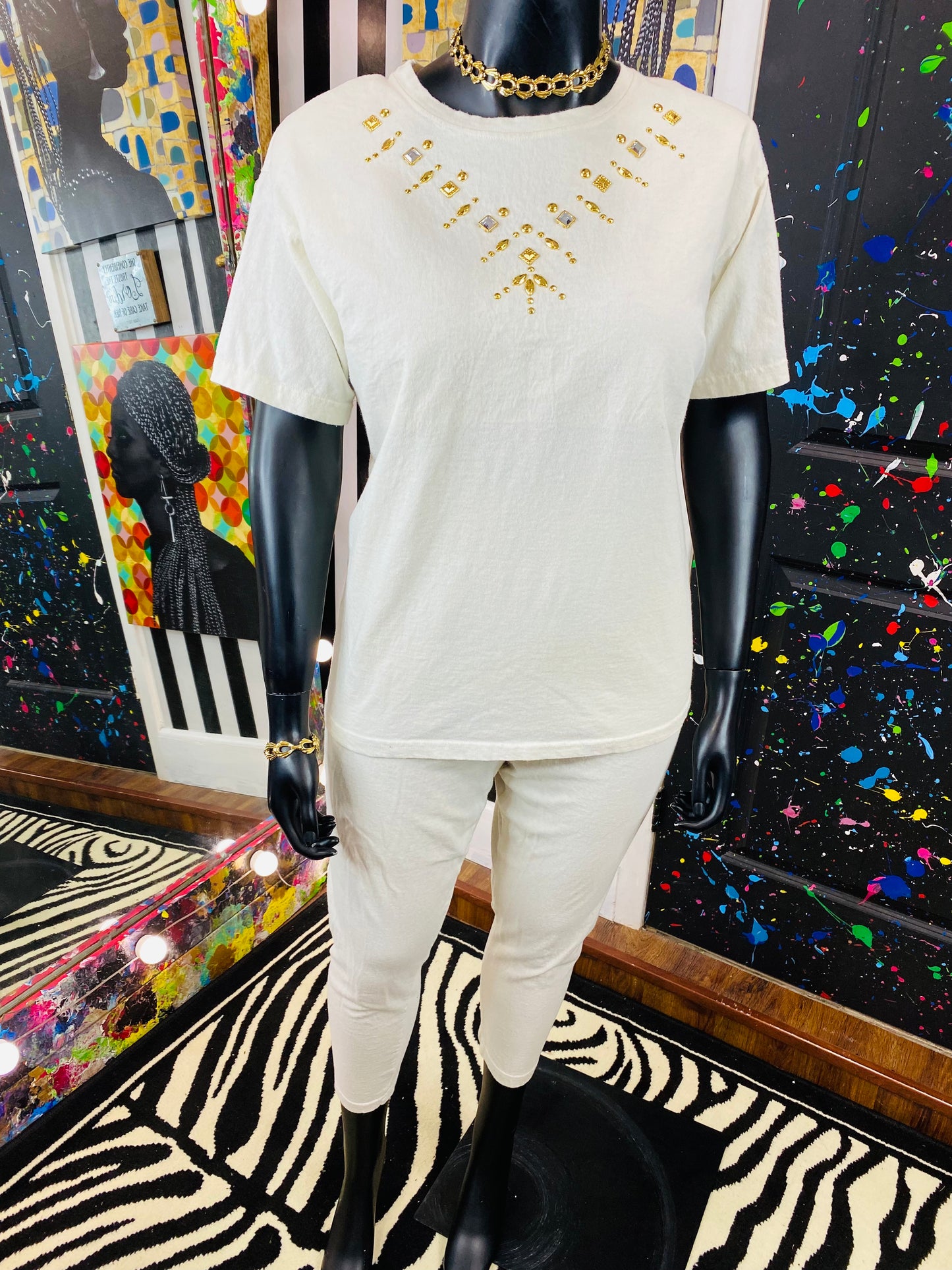 Vintage Cream Colored Gold Studded Pants Set