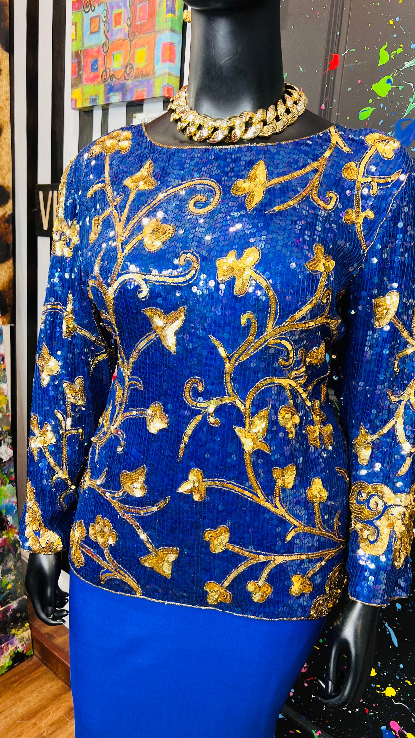 Vintage Blue & Gold Sequin Blouse (14)