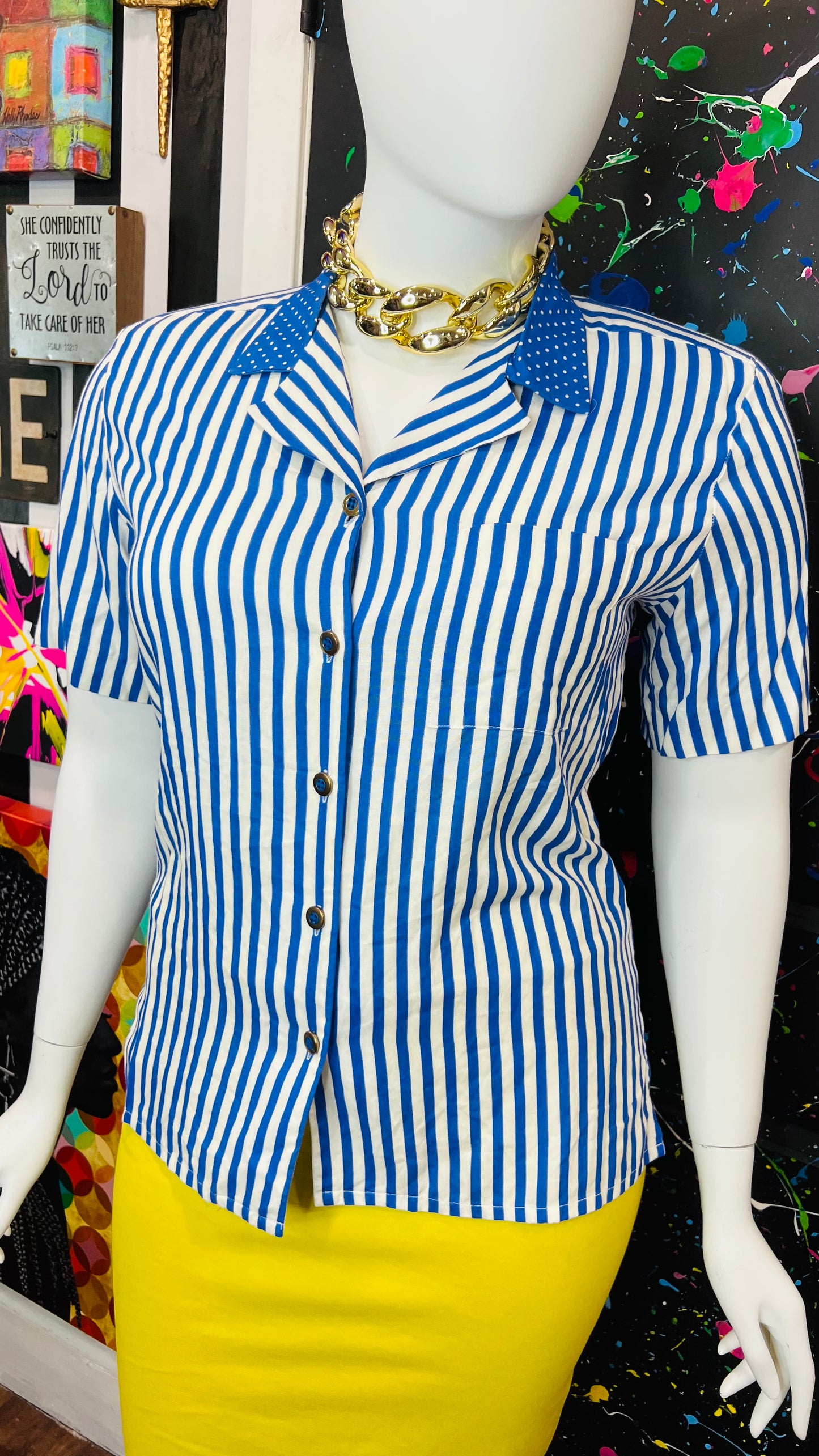 Vintage Blue & White Striped Polka Dot Blouse (14)