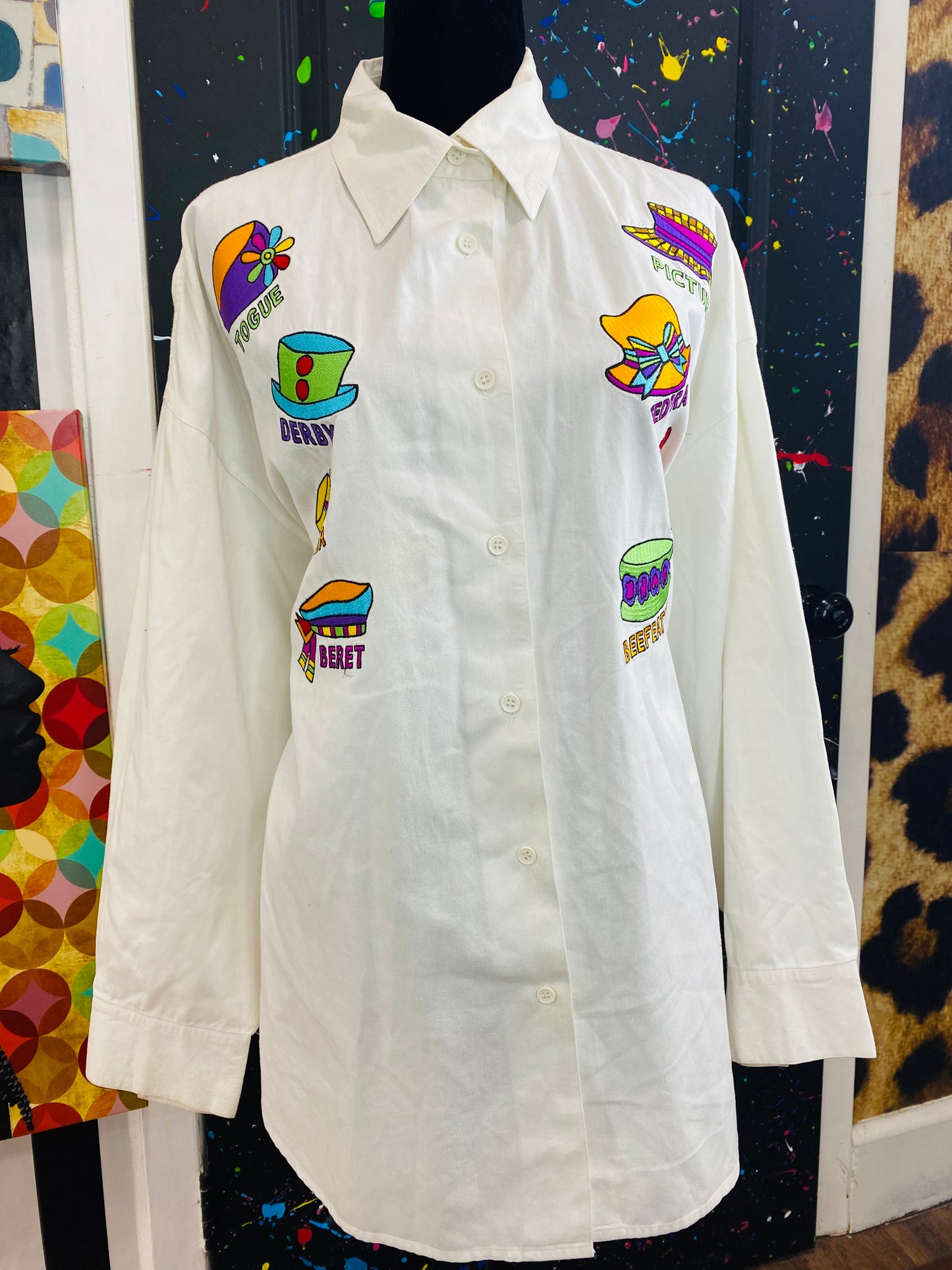 Vintage Hat Print Long Sleeve Blouse (22)