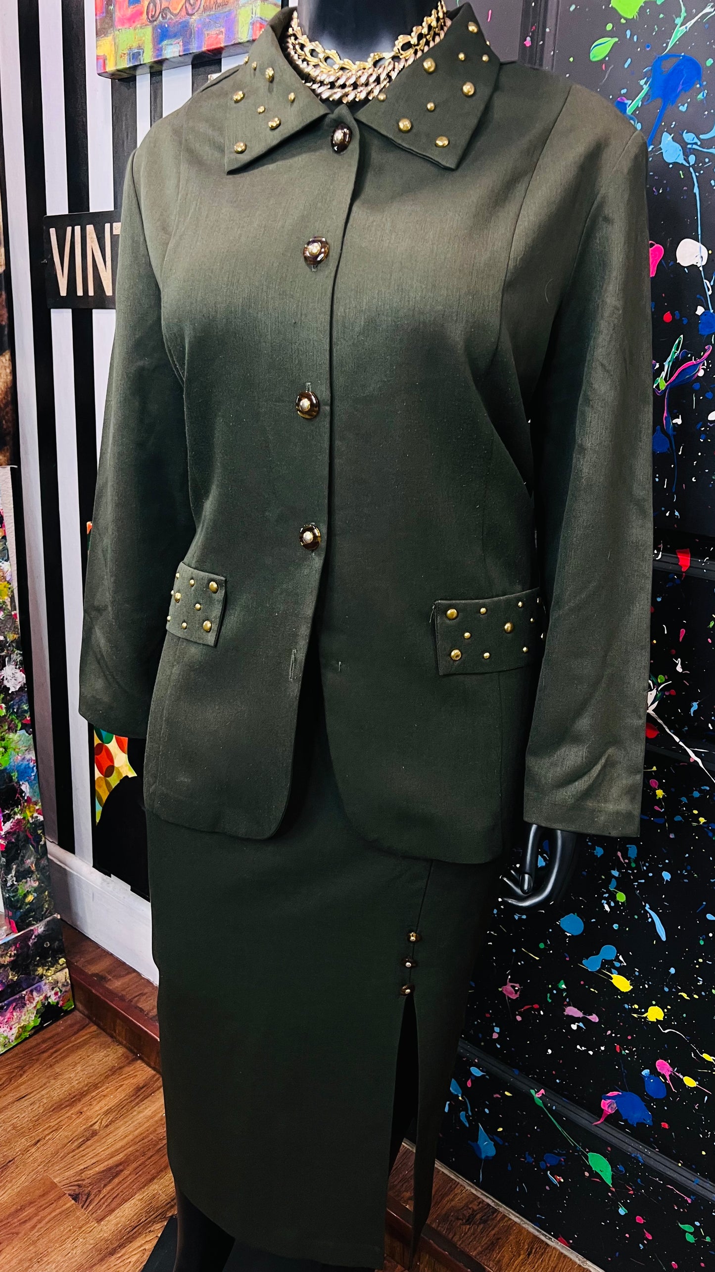 Vintage Army Green Studded Skirt Set (24W)