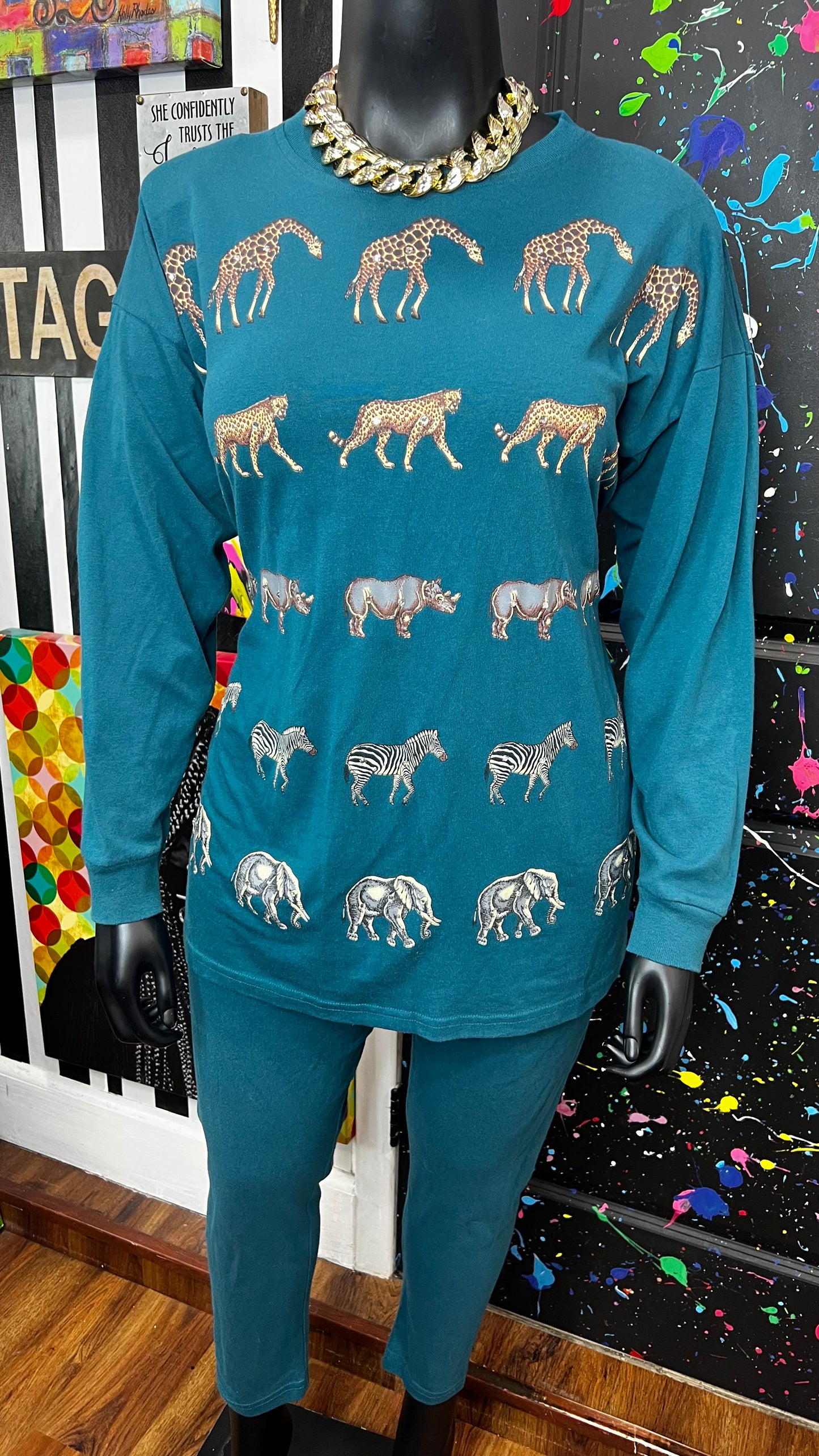 Vintage Cotton Animal Print & Jewel Top Pants Set