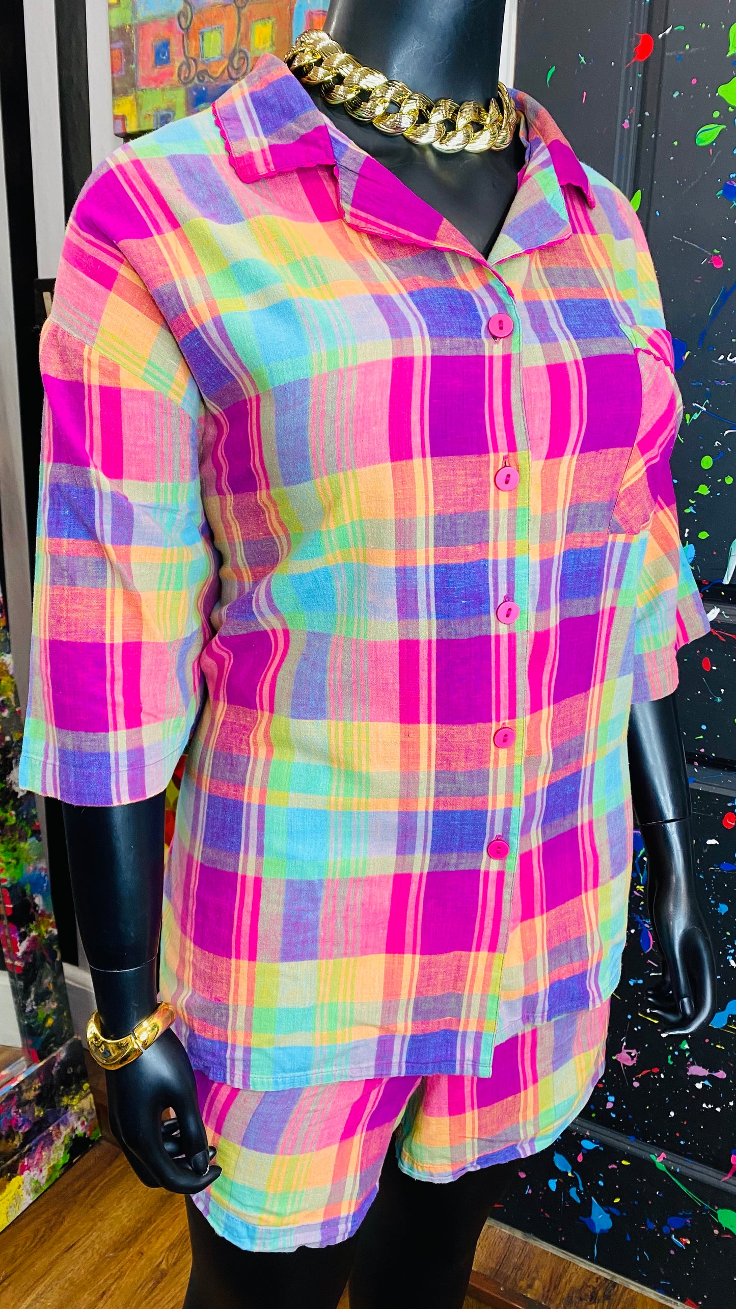 Vintage Plaid & Pink Shorts Set (26)