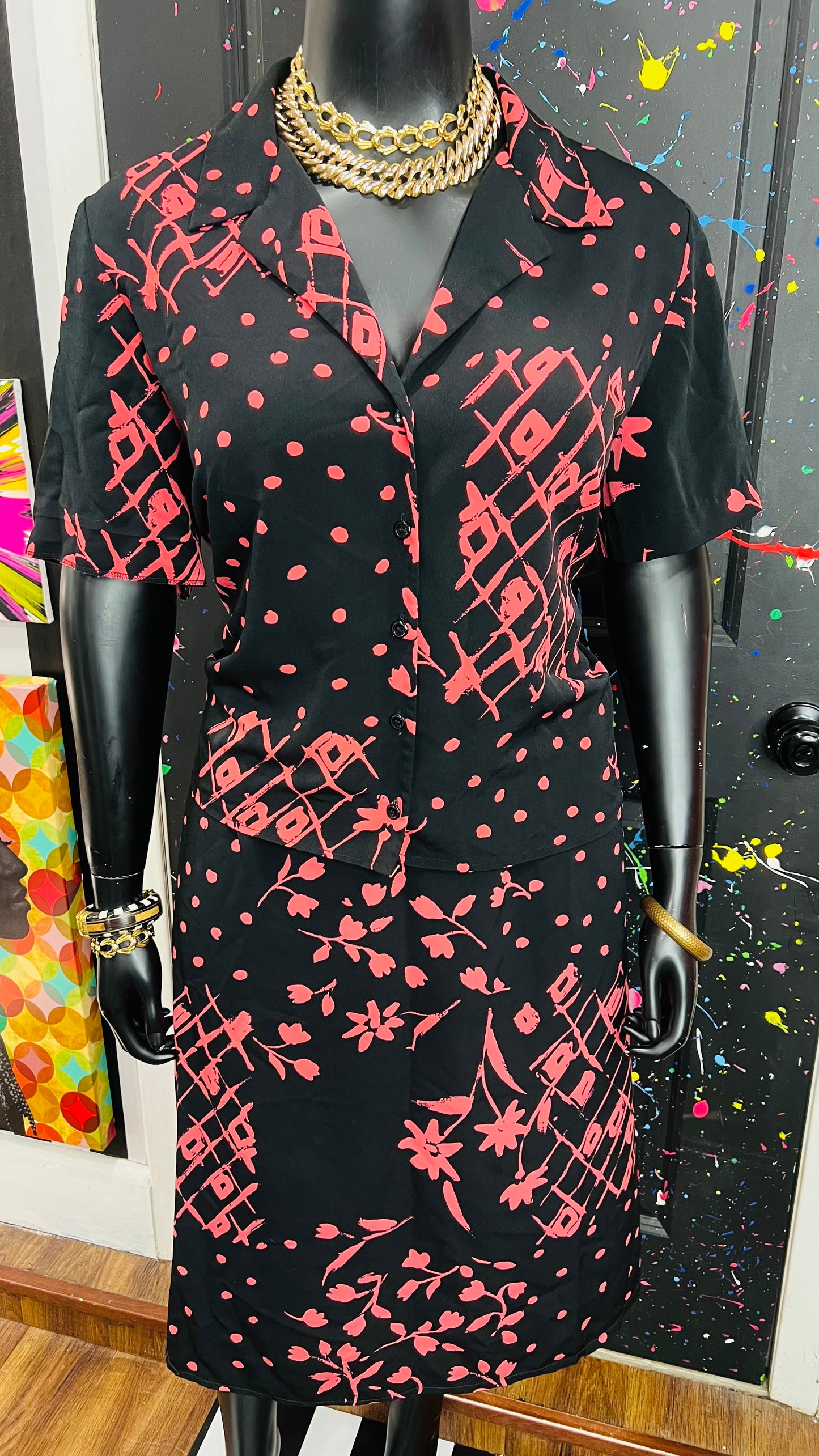 Vintage Pink, Black Polka Dot & Floral Skirt Set (18W)