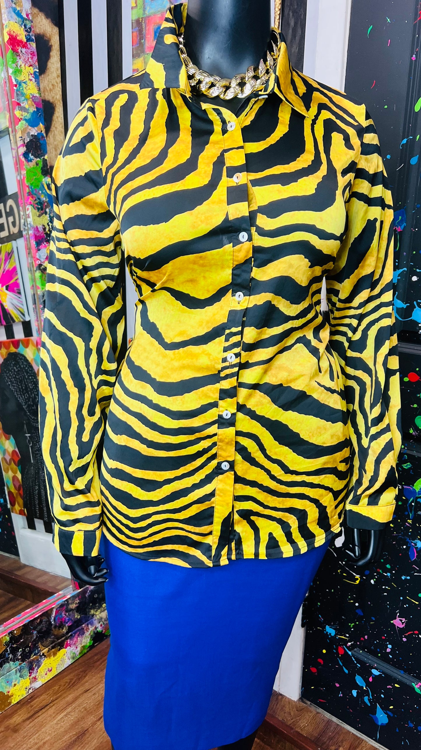 Gold Tiger Print Blouse Long Sleeve Blouse (20)
