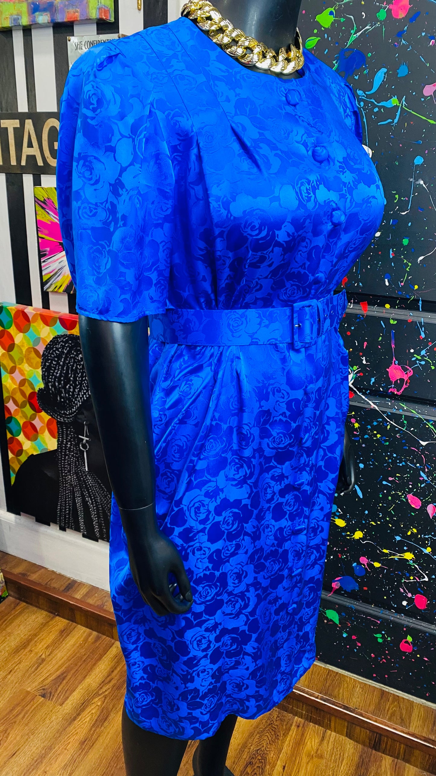 Vintage Blue 100% Silk Belted Dress (20)