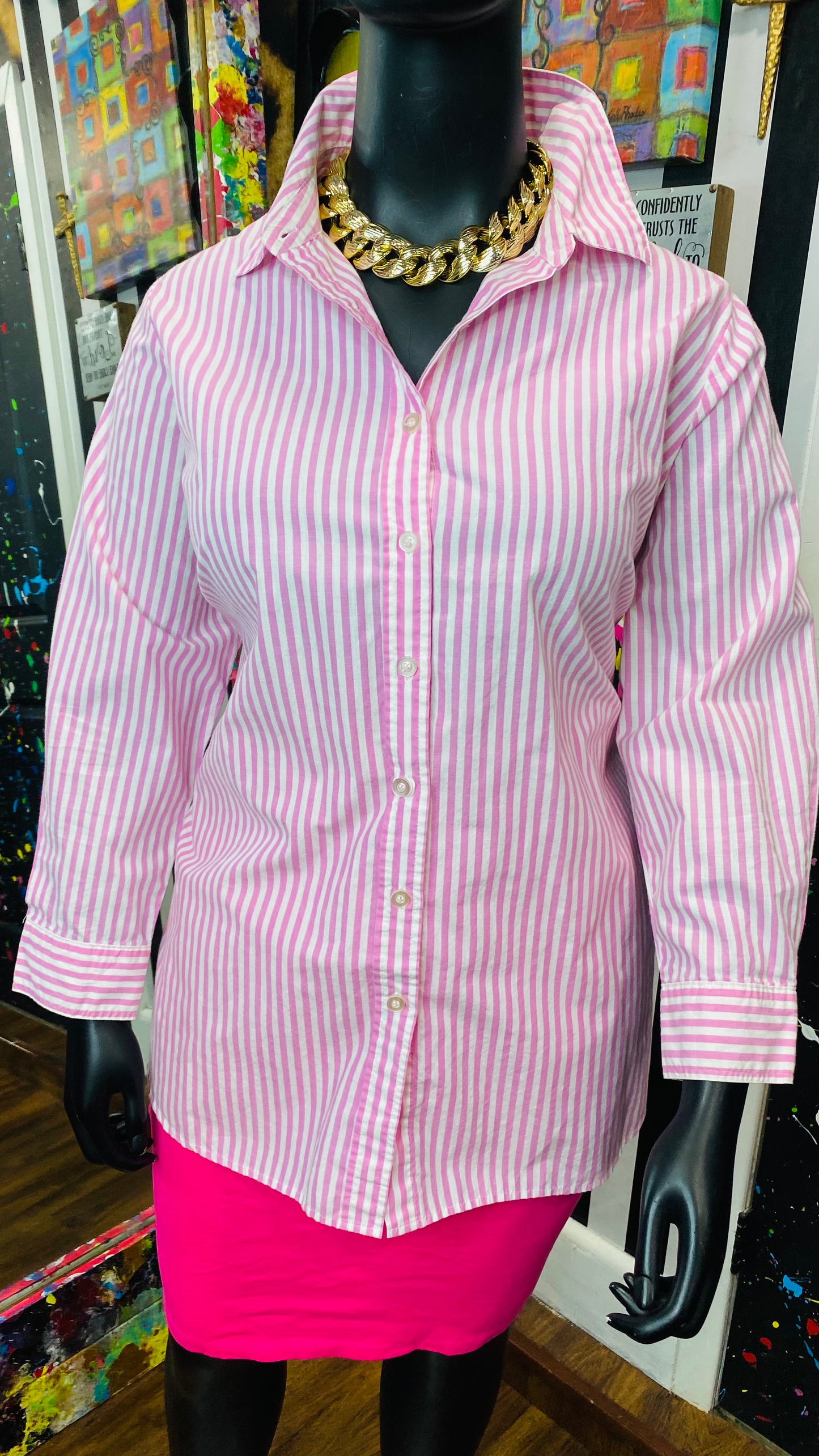 Plus Size Vintage Pink & White Striped Blouse (22)