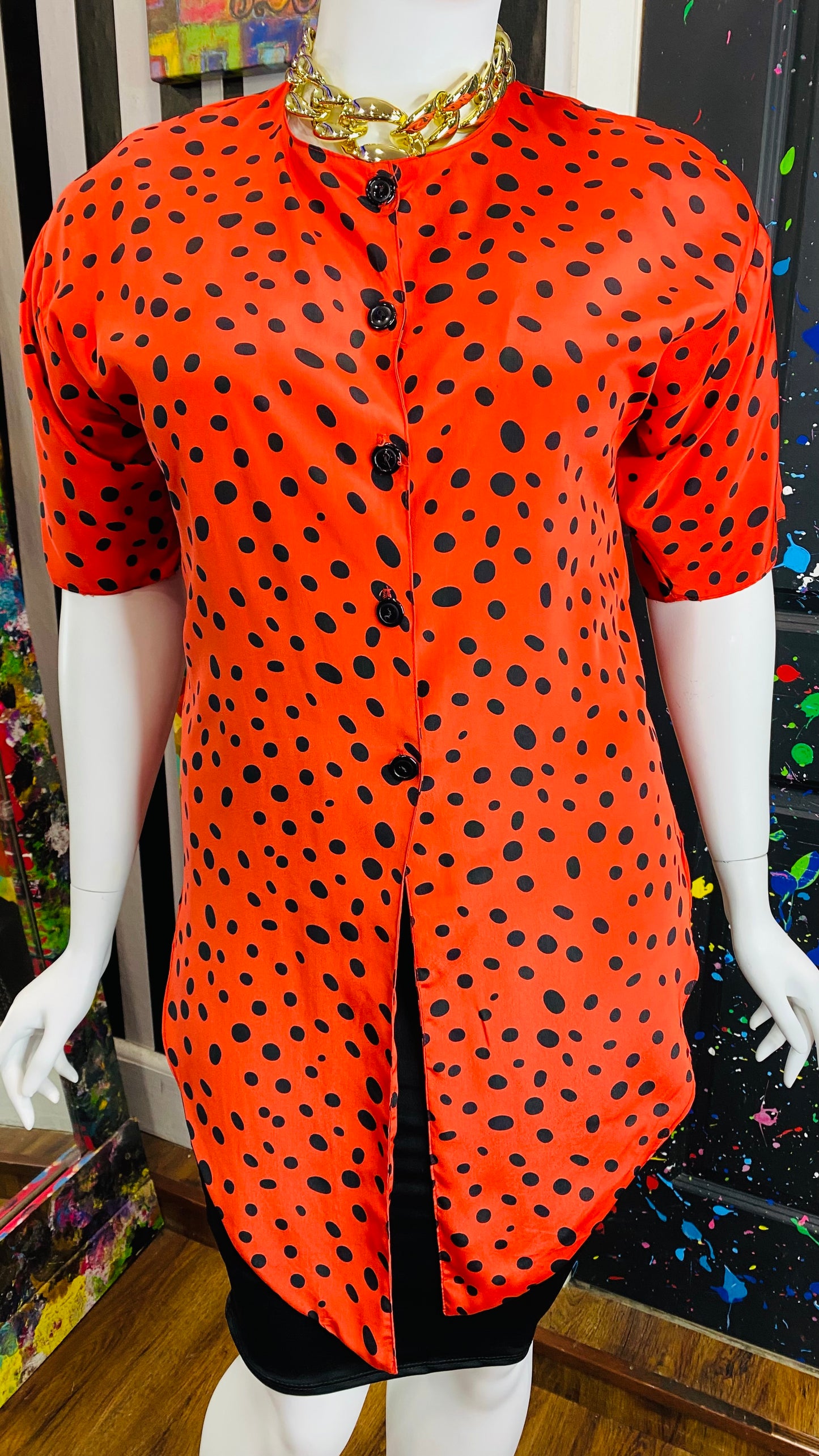 Vintage Tie Front Red & Black Polka Dot Blouse (18)