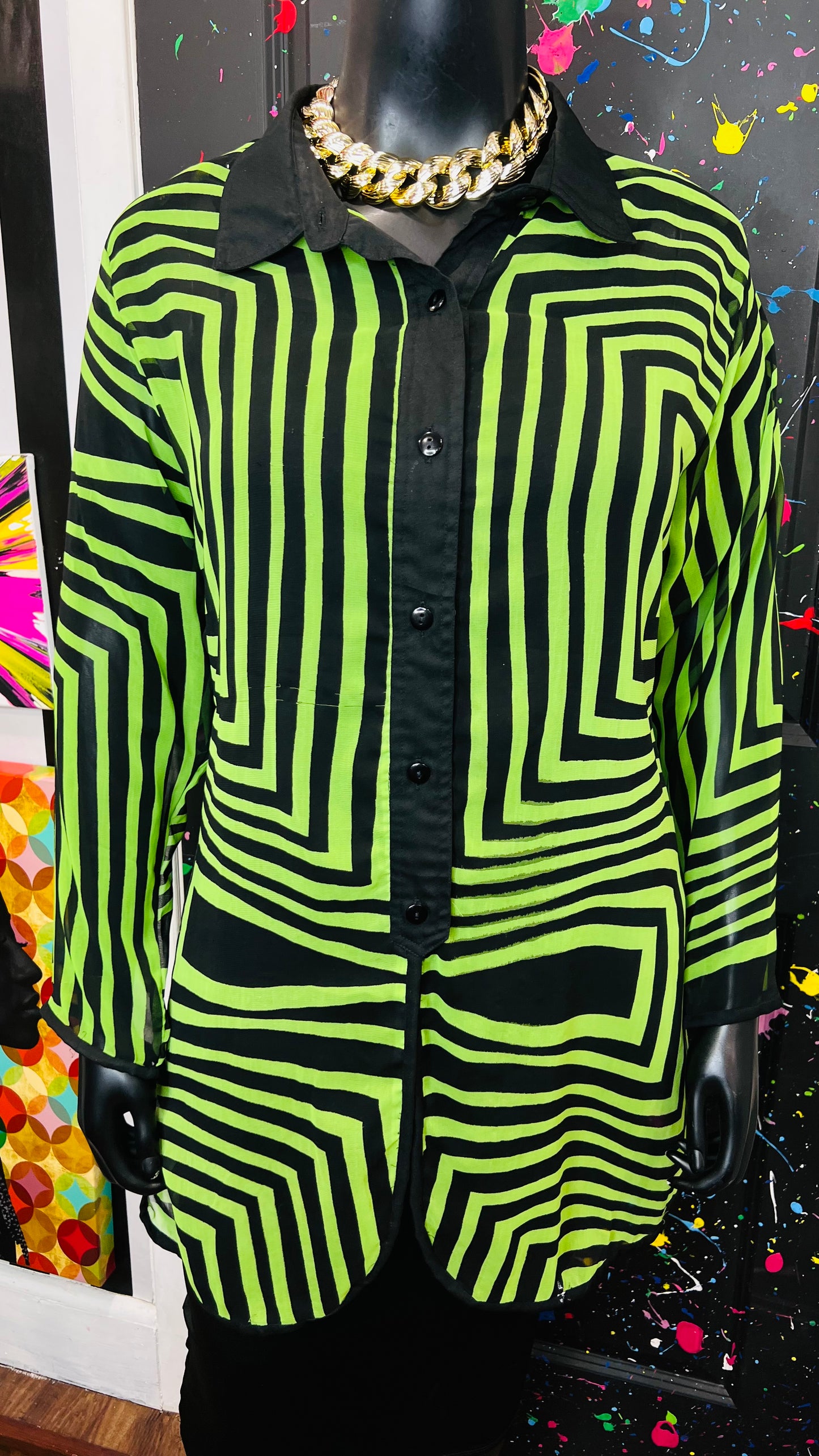 Vintage Green & Black Flowy Blouse/Swimsuit Cover (18)