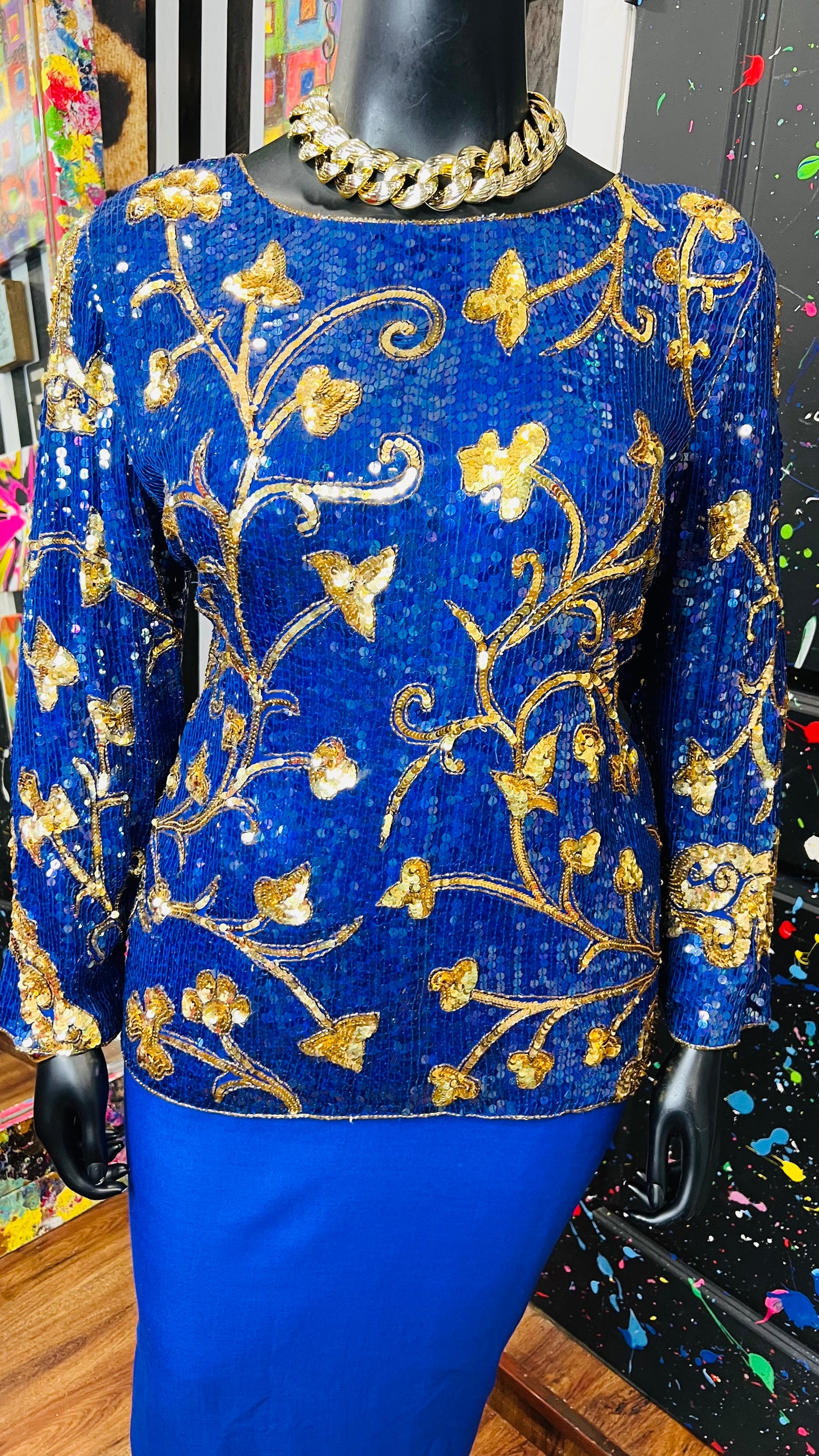 Vintage Blue & Gold Sequin Blouse (14)