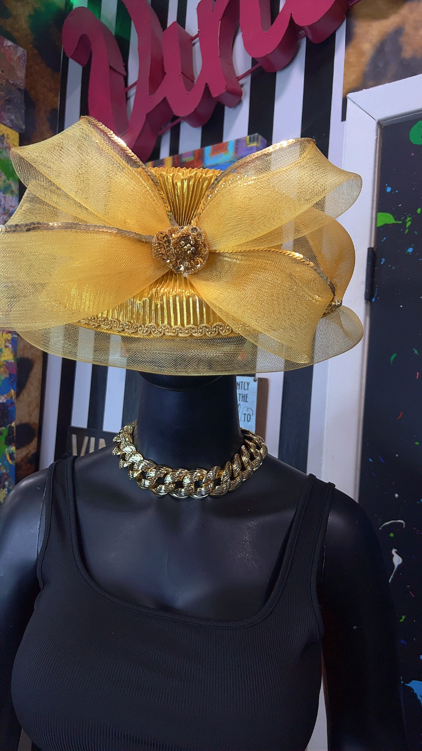 Vintage Straw & Sequin Gold Bow Hat