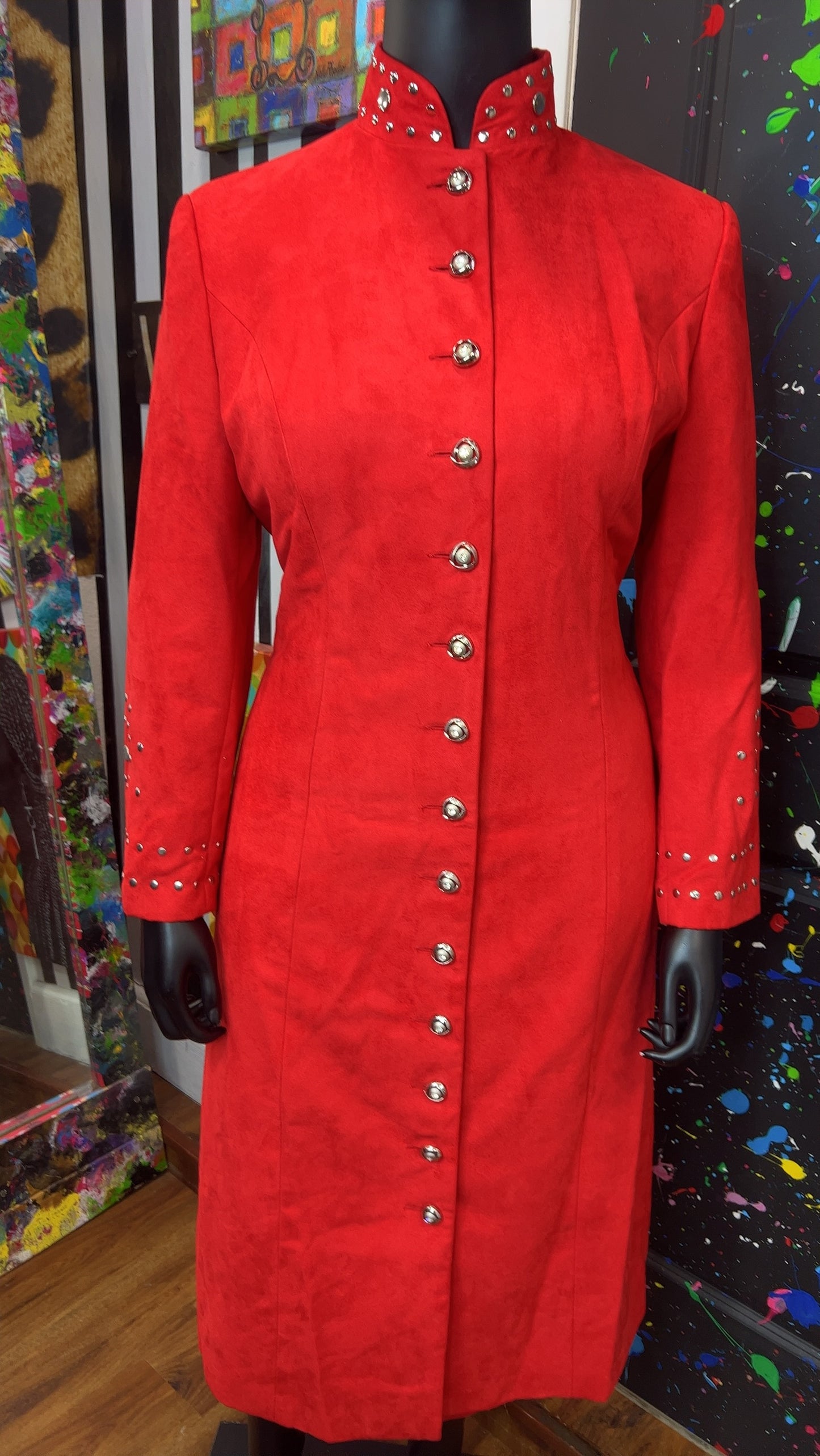 Vintage Studded Long Red Jacket & Skirt Suit (14W)