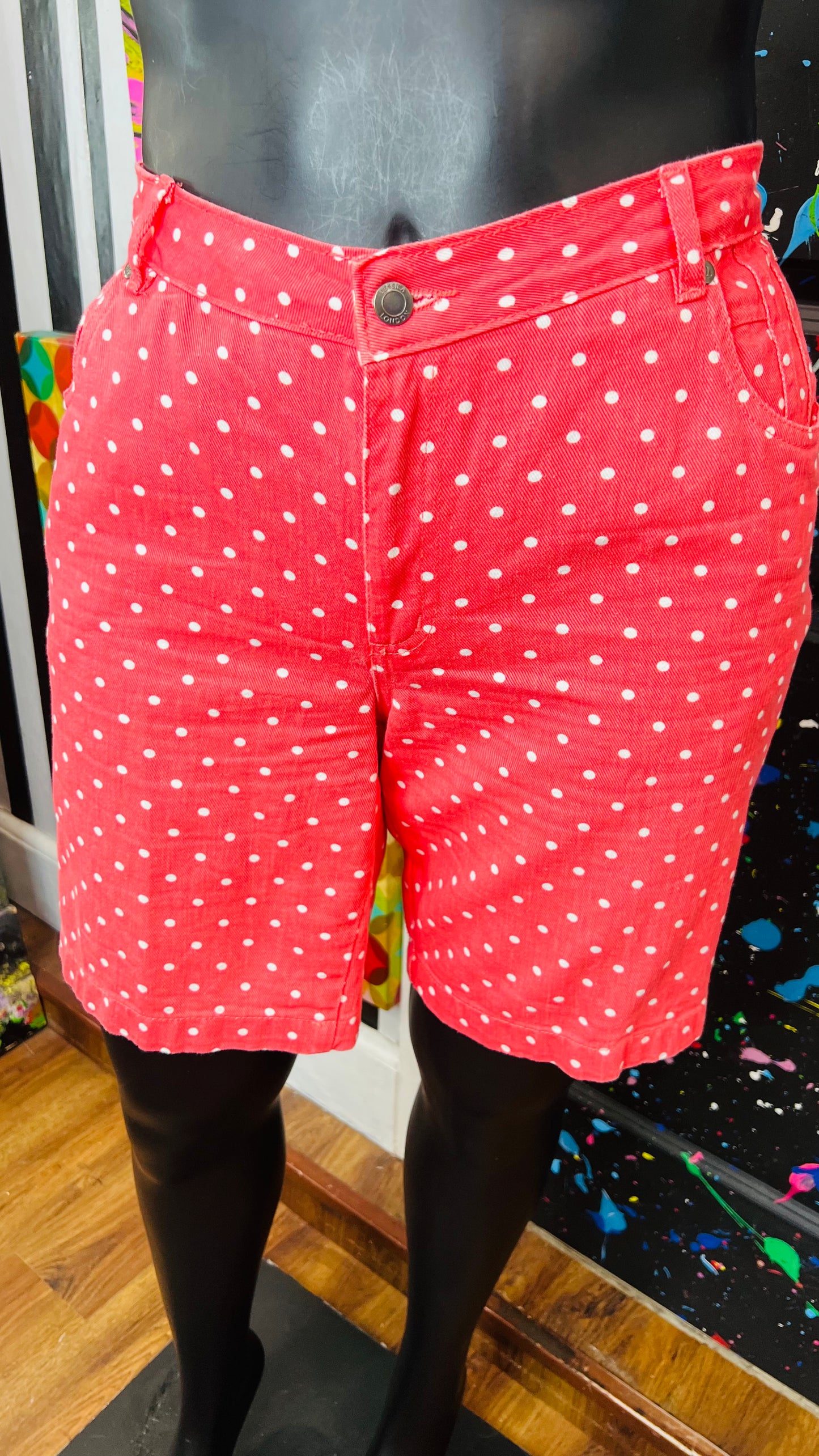 Vintage Salmon & White Polka Dot Denim Shorts (14W)