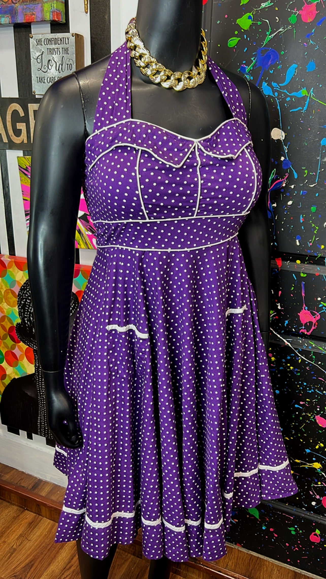 Vintage Inspired Cotton Purple & White Polka Dot Dress (12)