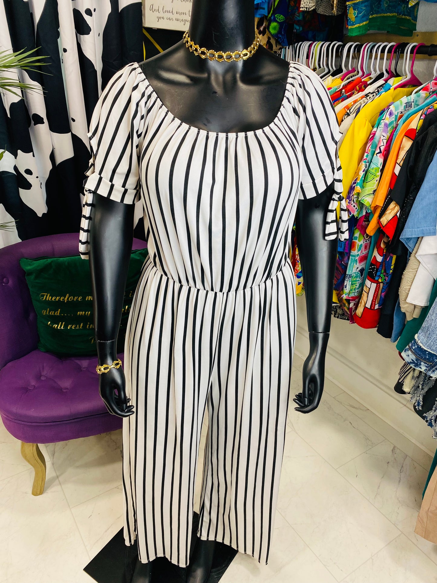 Vintage White & Black Striped Jumpsuit