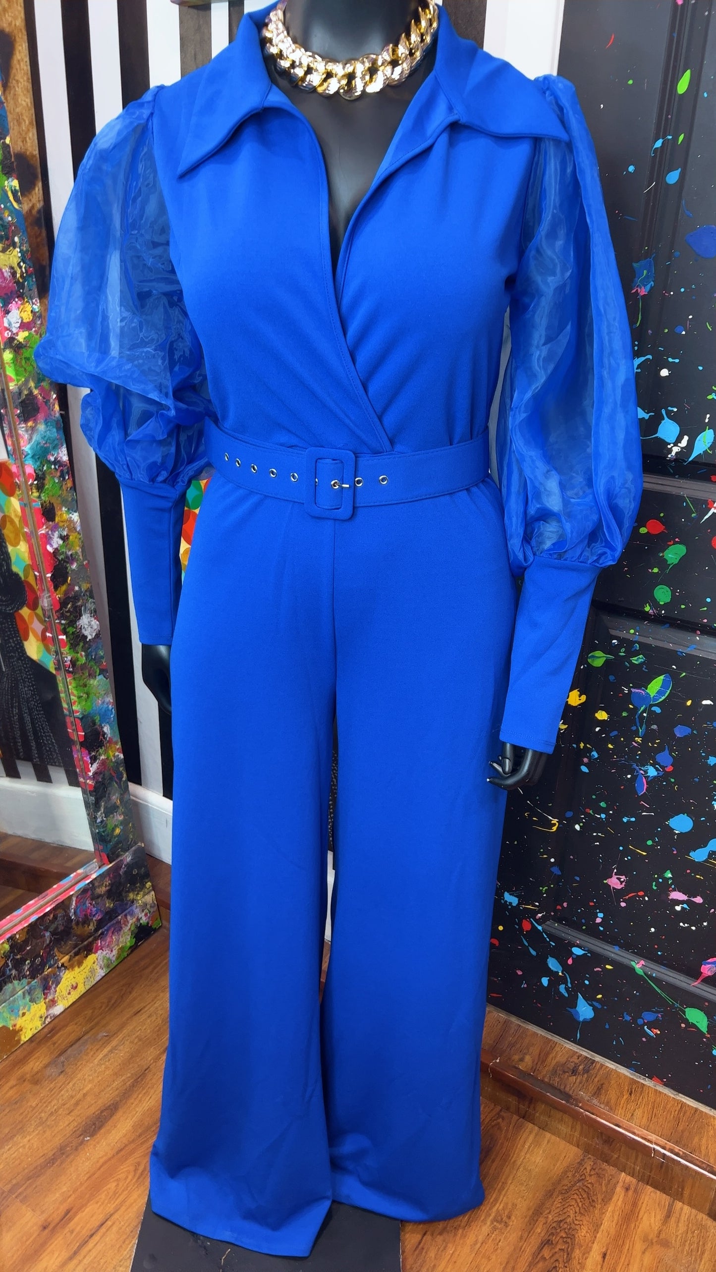 Cobalt Blue Sheer Arms Jumpsuit -New w/ Tags (14/16)